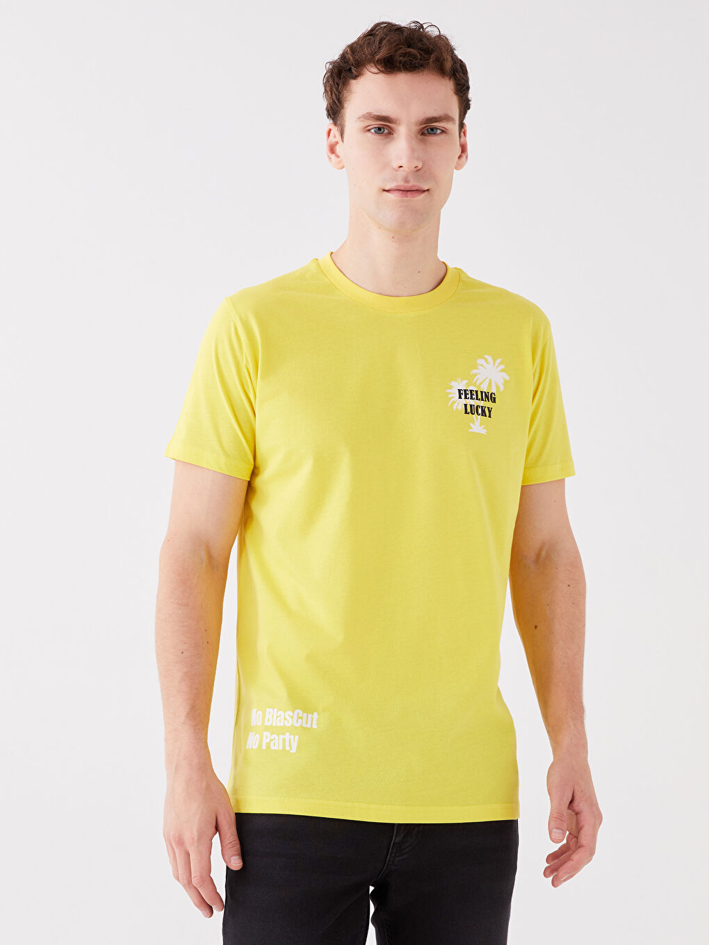 Sarı Bisiklet Yaka Kısa Kollu Baskılı Penye Erkek Tişört