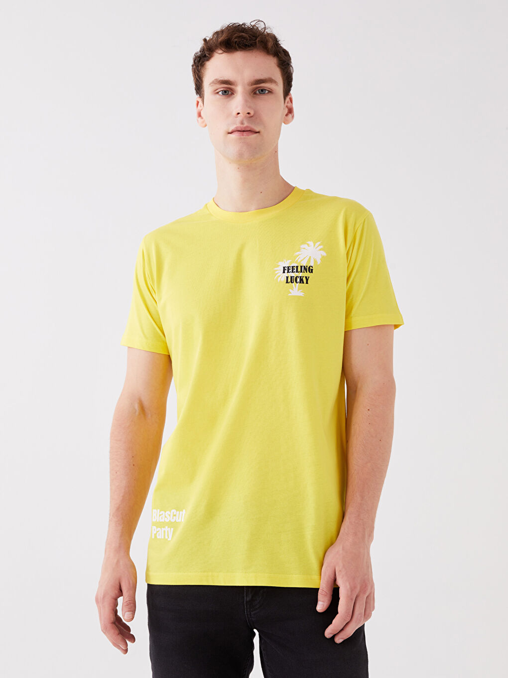 Sarı Bisiklet Yaka Kısa Kollu Baskılı Penye Erkek Tişört-1