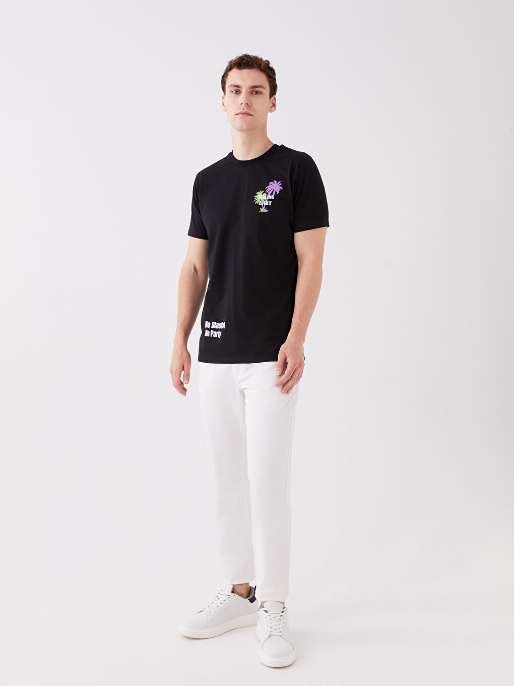 Siyah Bisiklet Yaka Kısa Kollu Baskılı Penye Erkek Tişört-2