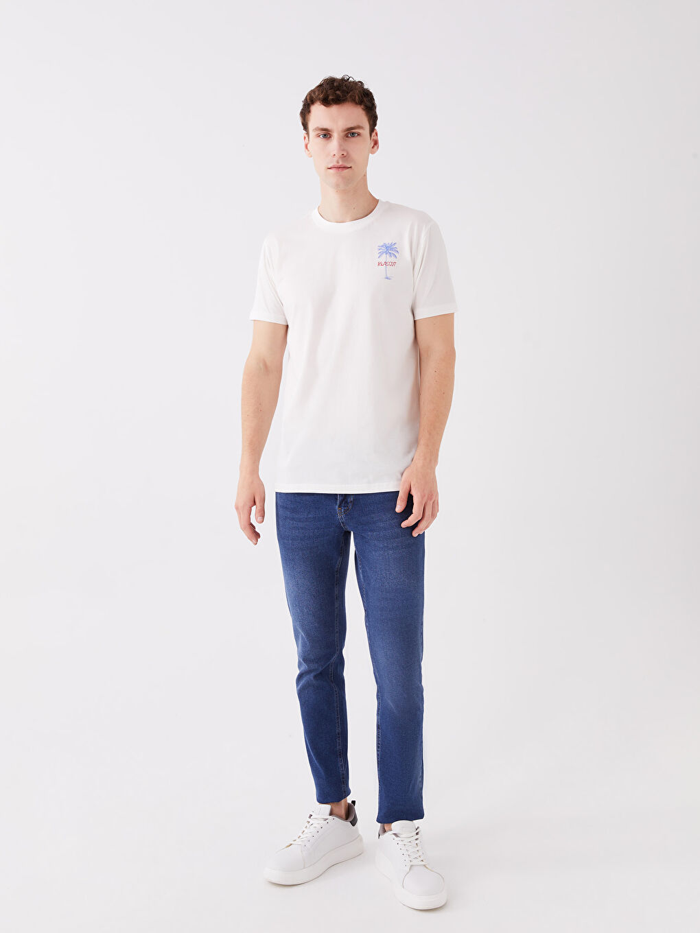 Beyaz Bisiklet Yaka Kısa Kollu Baskılı Penye Erkek Tişört-2