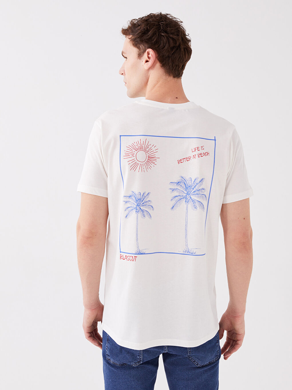 Beyaz Bisiklet Yaka Kısa Kollu Baskılı Penye Erkek Tişört-4