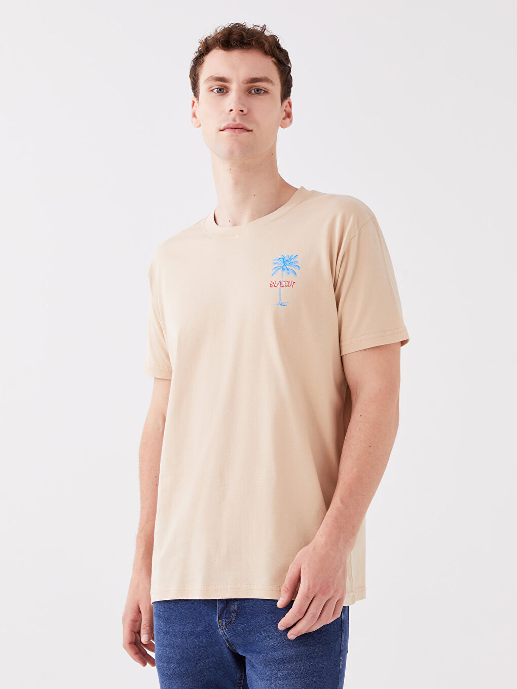 Bej Bisiklet Yaka Kısa Kollu Baskılı Penye Erkek Tişört-1
