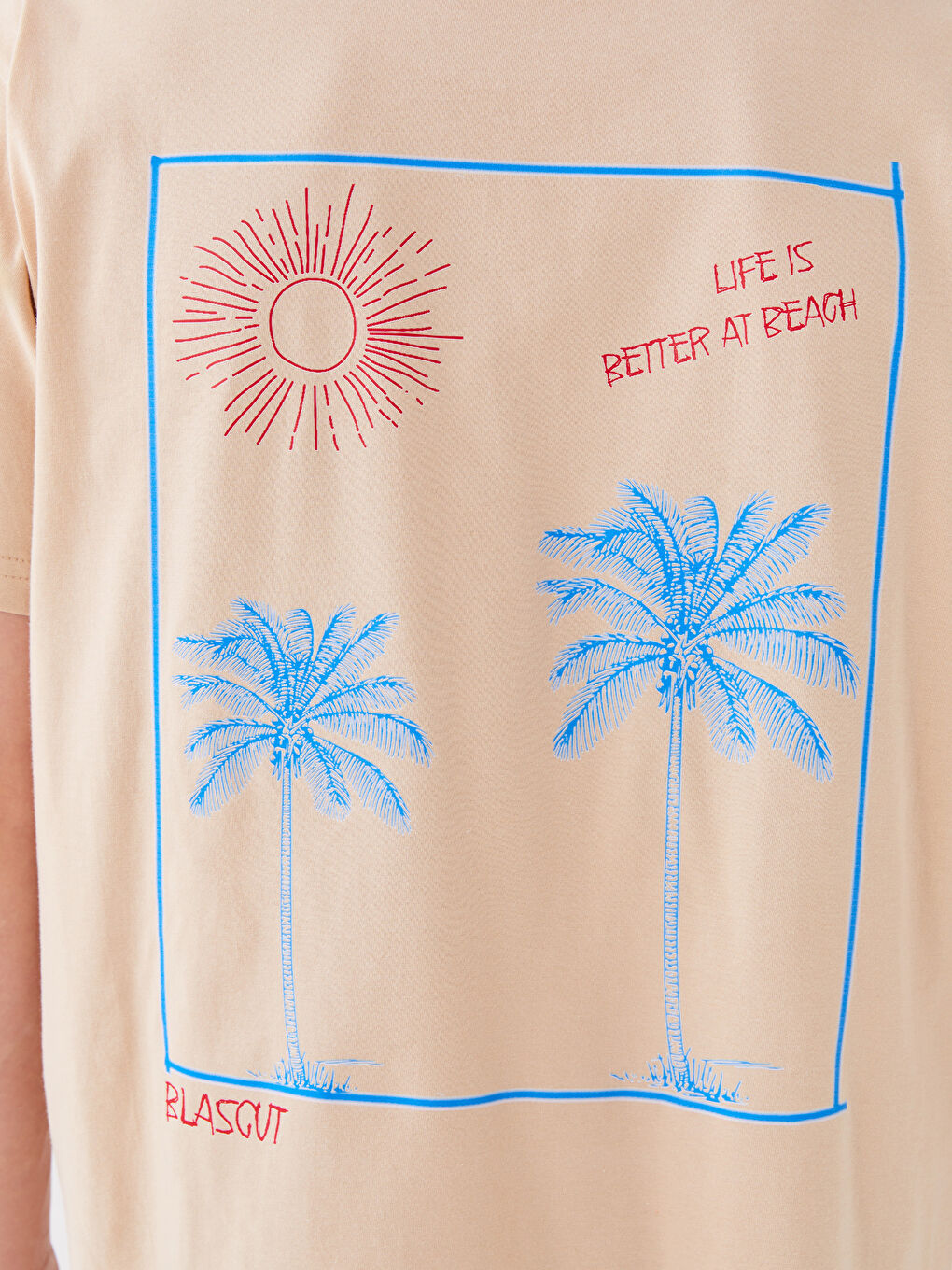 Bej Bisiklet Yaka Kısa Kollu Baskılı Penye Erkek Tişört-3