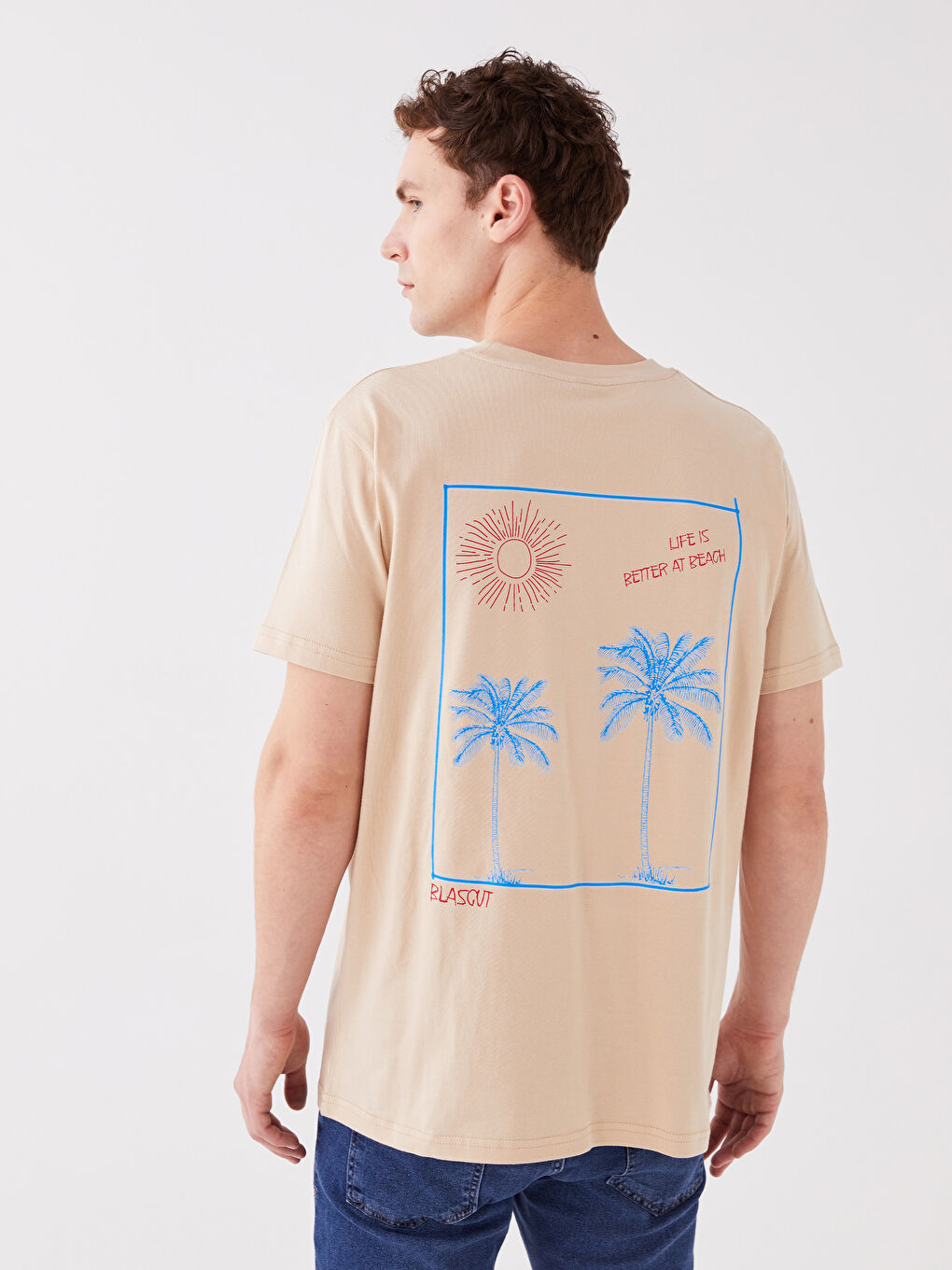 Bej Bisiklet Yaka Kısa Kollu Baskılı Penye Erkek Tişört-4
