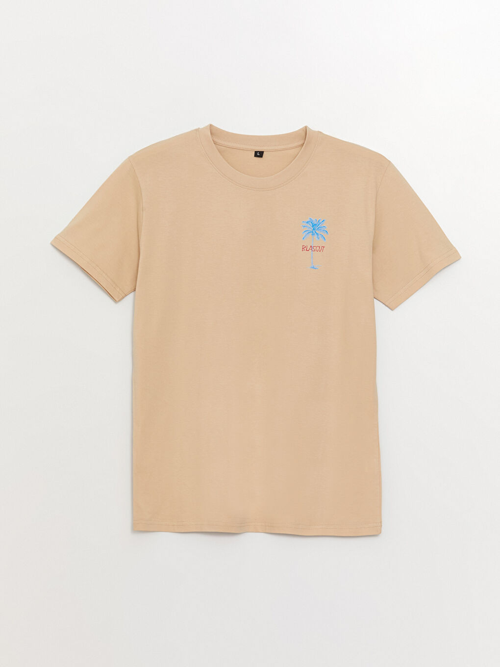 Bej Bisiklet Yaka Kısa Kollu Baskılı Penye Erkek Tişört-5