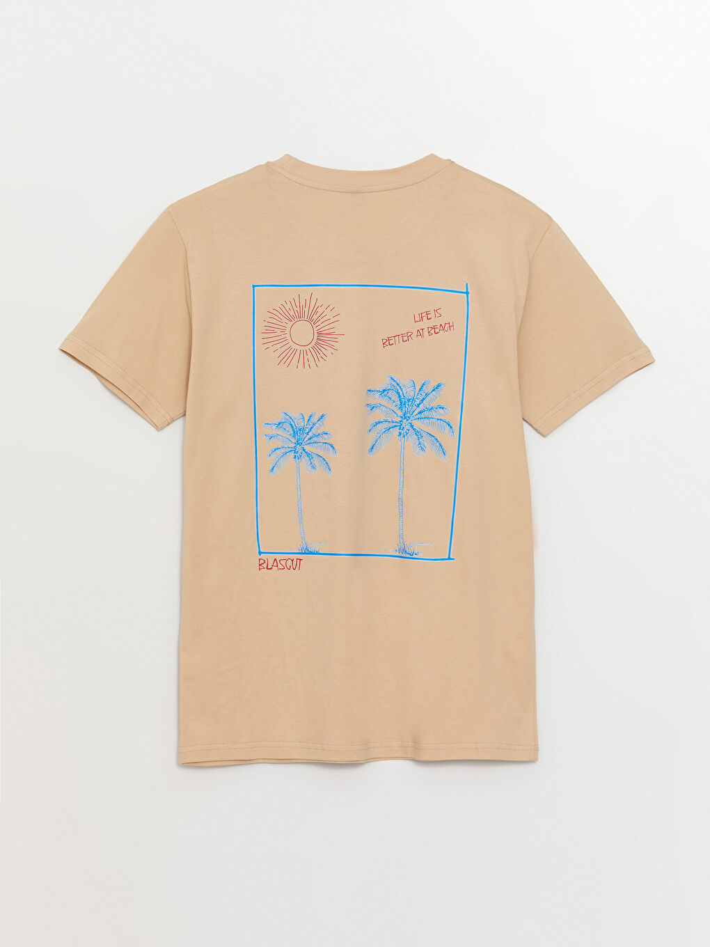 Bej Bisiklet Yaka Kısa Kollu Baskılı Penye Erkek Tişört-6