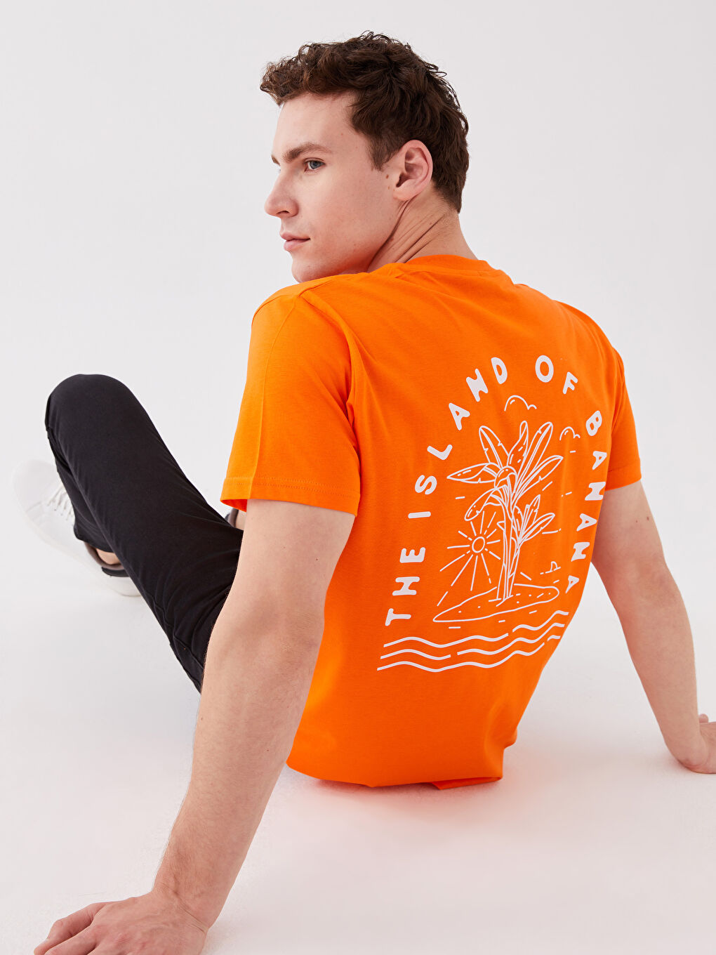 Turuncu Bisiklet Yaka Kısa Kollu Baskılı Penye Erkek Tişört
