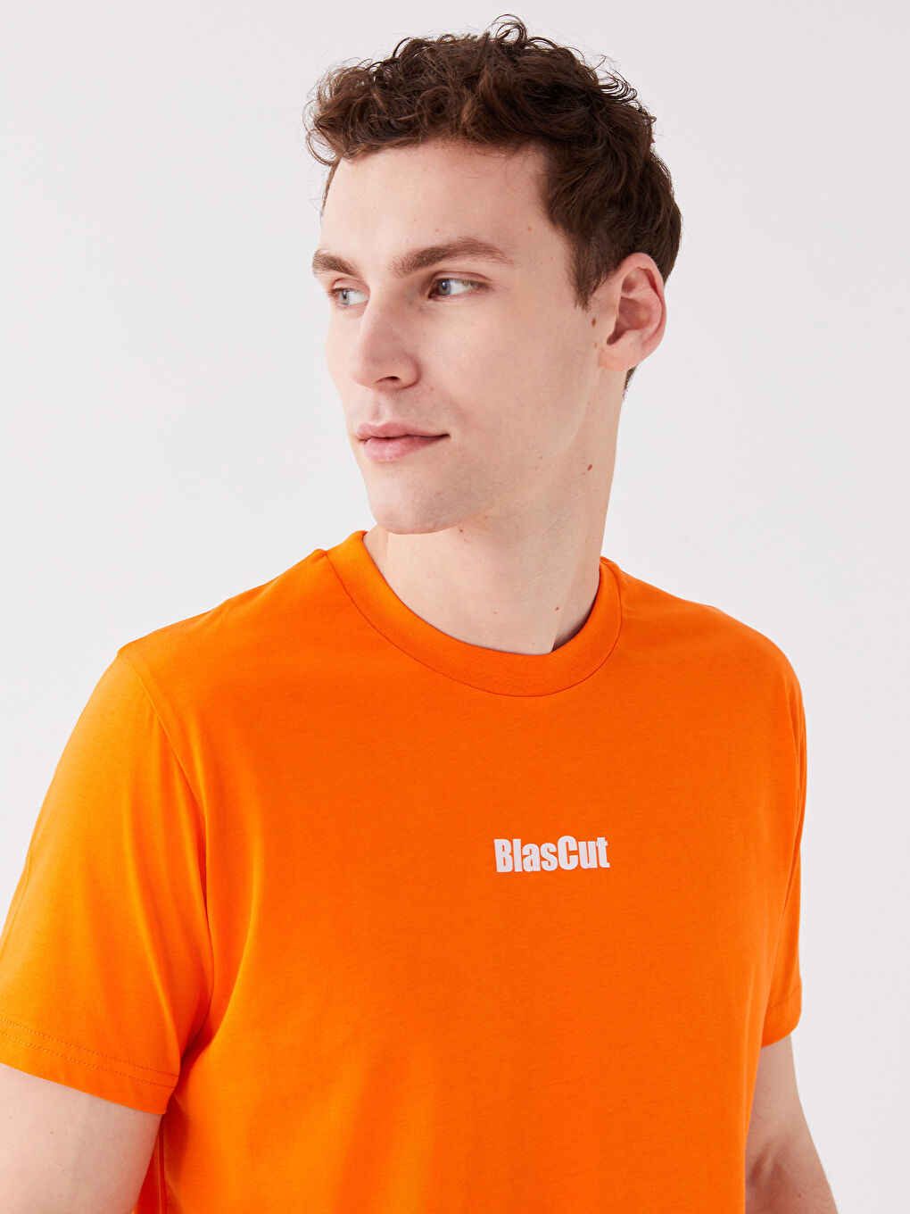 Turuncu Bisiklet Yaka Kısa Kollu Baskılı Penye Erkek Tişört-1