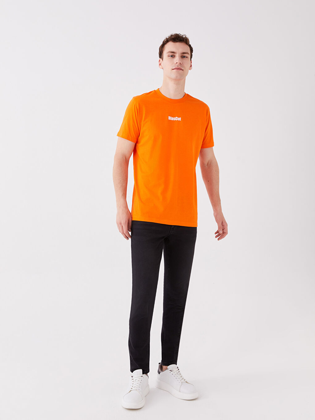 Turuncu Bisiklet Yaka Kısa Kollu Baskılı Penye Erkek Tişört-2
