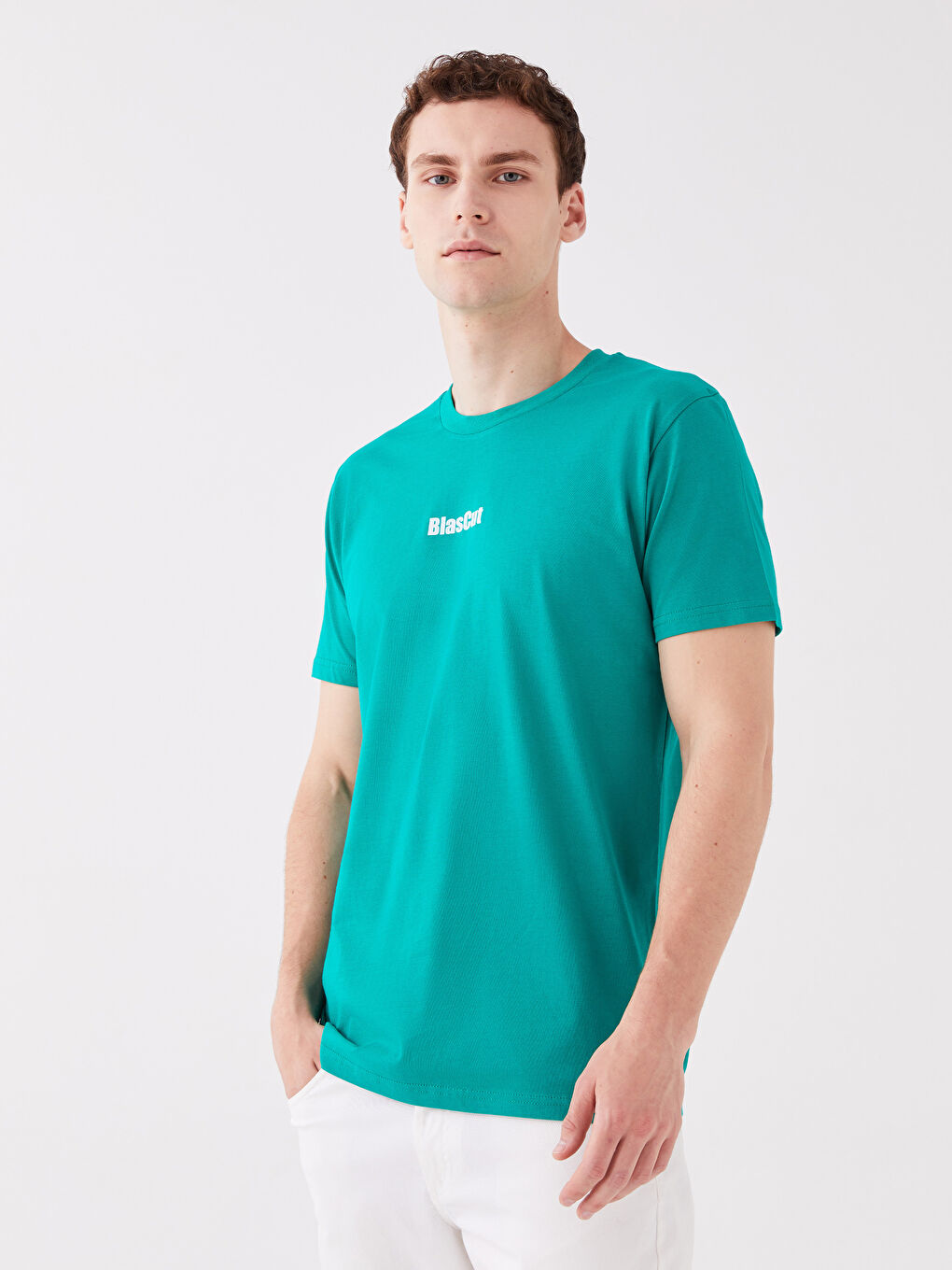 Yeşil Bisiklet Yaka Kısa Kollu Baskılı Penye Erkek Tişört-1