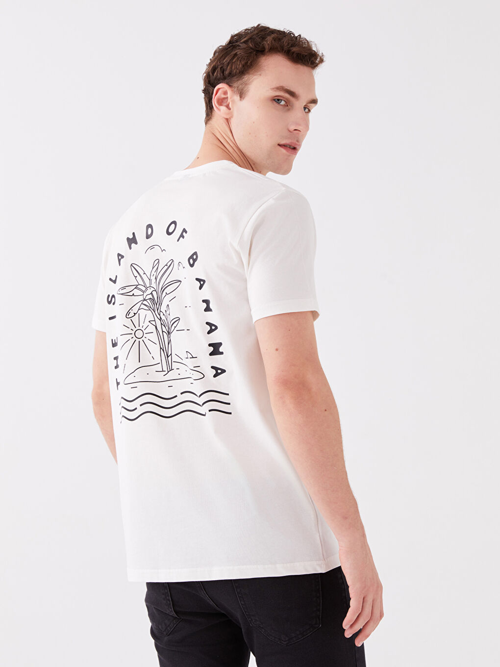 Beyaz Bisiklet Yaka Kısa Kollu Baskılı Penye Erkek Tişört