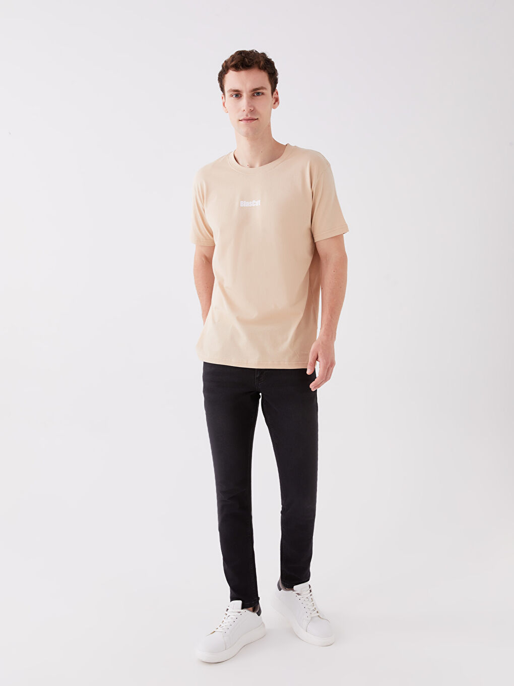 Bej Bisiklet Yaka Kısa Kollu Baskılı Penye Erkek Tişört-2