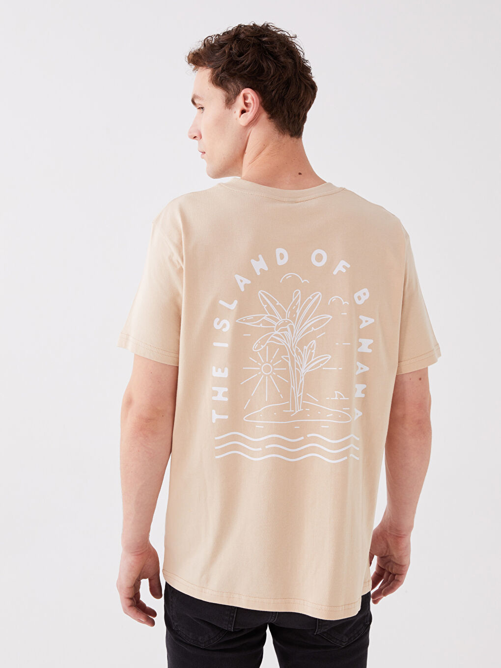 Bej Bisiklet Yaka Kısa Kollu Baskılı Penye Erkek Tişört-4