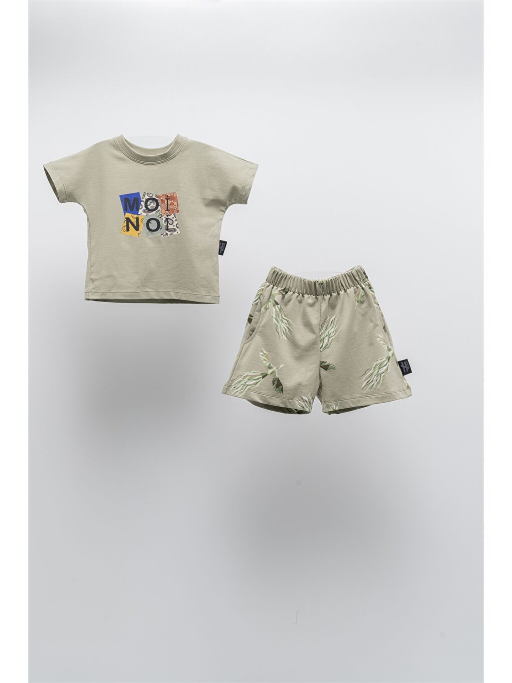 Haki Bisiklet Kısa Kısa Kollu Baskılı Erkek Bebek Tişört ve Şort 2'li Takım