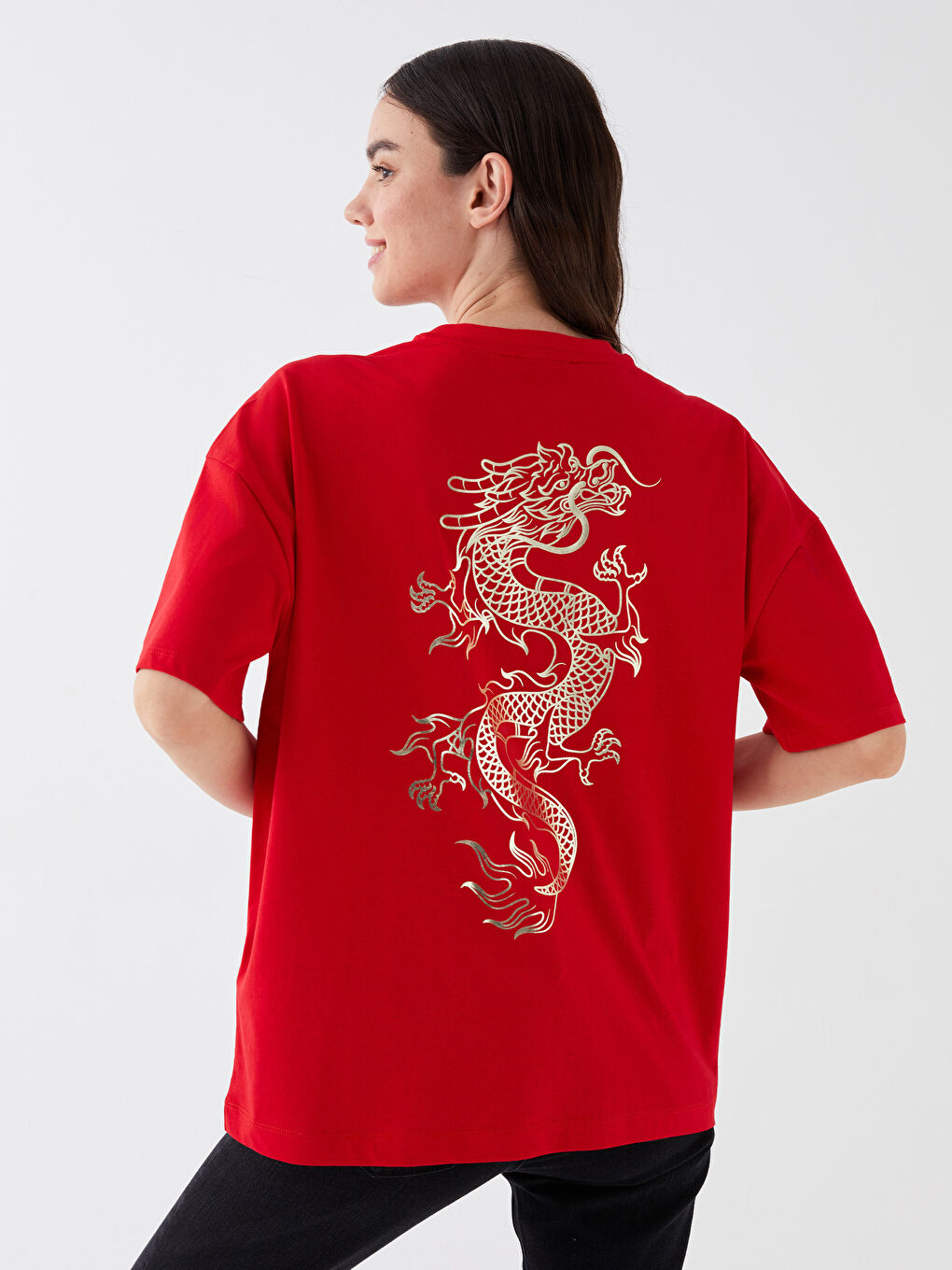 Kırmızı Bisiklet Yaka Baskılı Kısa Kollu Oversize Kadın Tişört