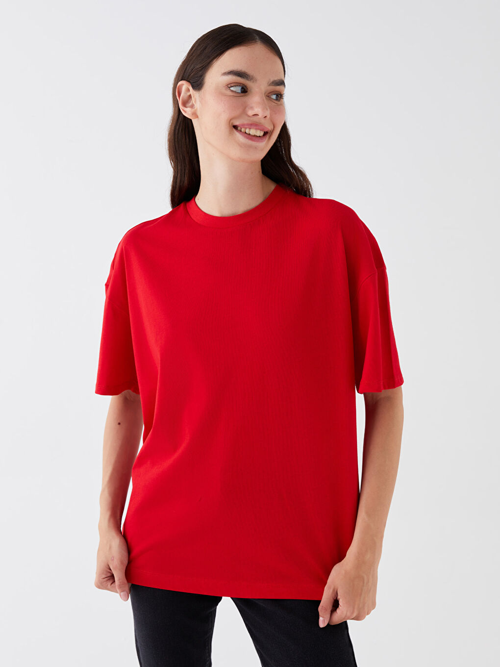 Kırmızı Bisiklet Yaka Baskılı Kısa Kollu Oversize Kadın Tişört-1