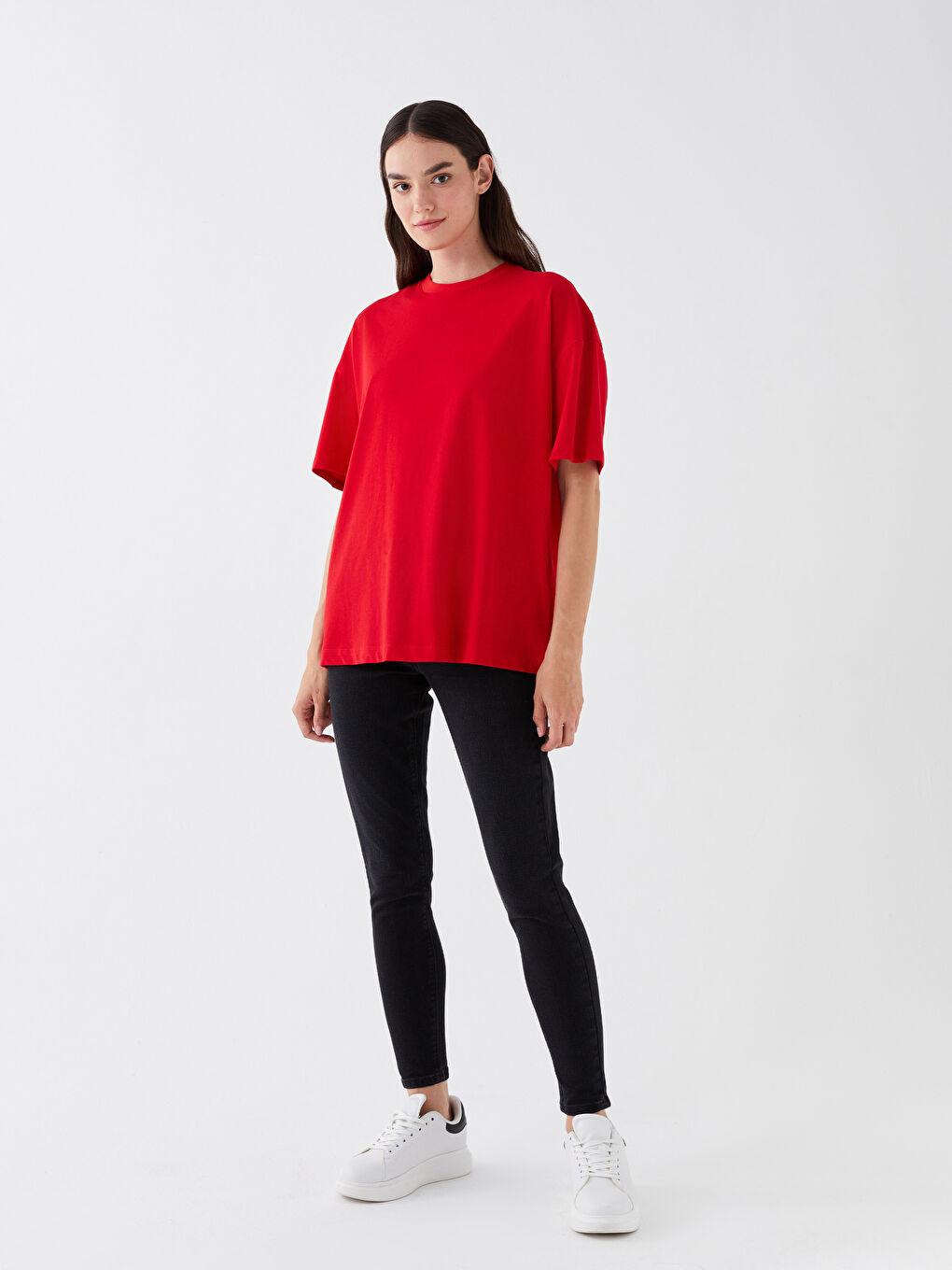 Kırmızı Bisiklet Yaka Baskılı Kısa Kollu Oversize Kadın Tişört-2