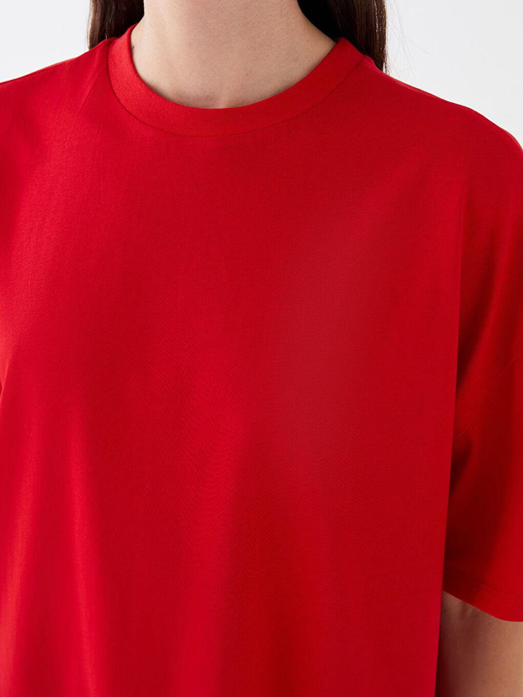 Kırmızı Bisiklet Yaka Baskılı Kısa Kollu Oversize Kadın Tişört-3