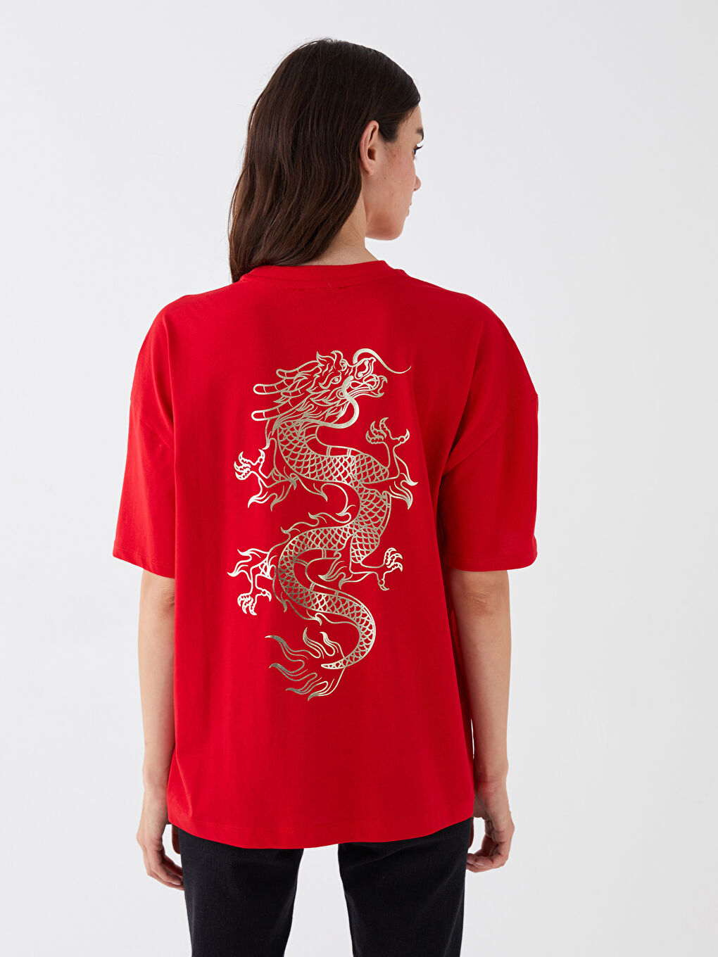 Kırmızı Bisiklet Yaka Baskılı Kısa Kollu Oversize Kadın Tişört-4