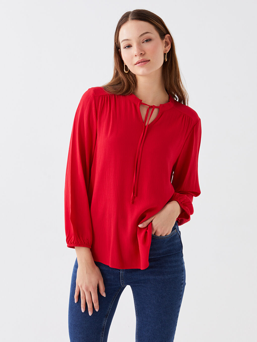 Tie Neck Plain Long Sleeve Women's Blouse