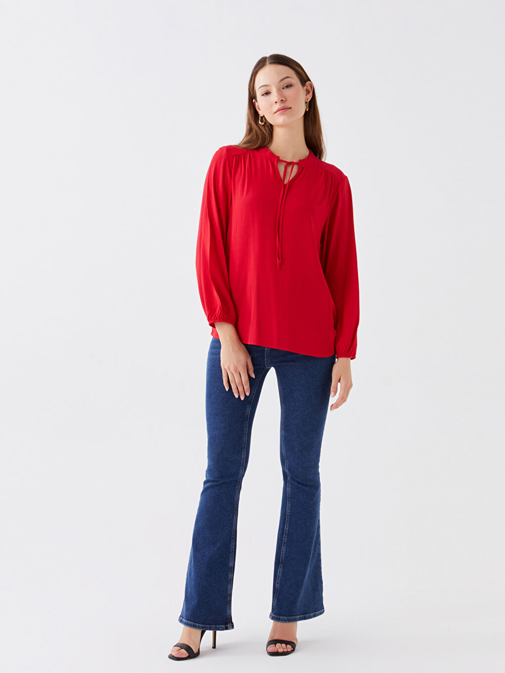 Tie Neck Plain Long Sleeve Women's Blouse-1
