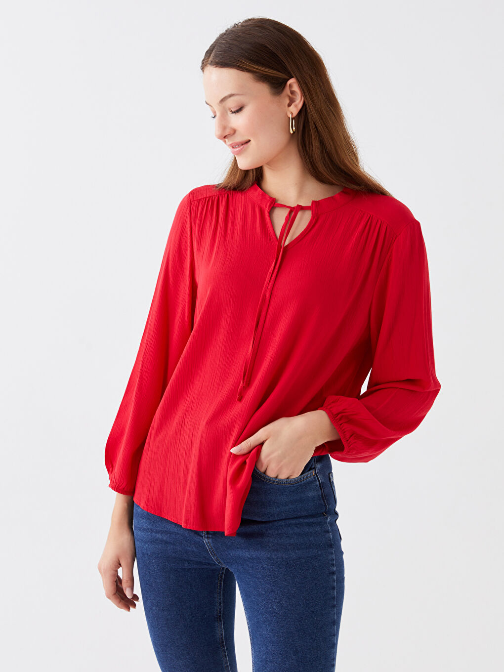 Tie Neck Plain Long Sleeve Women's Blouse-2