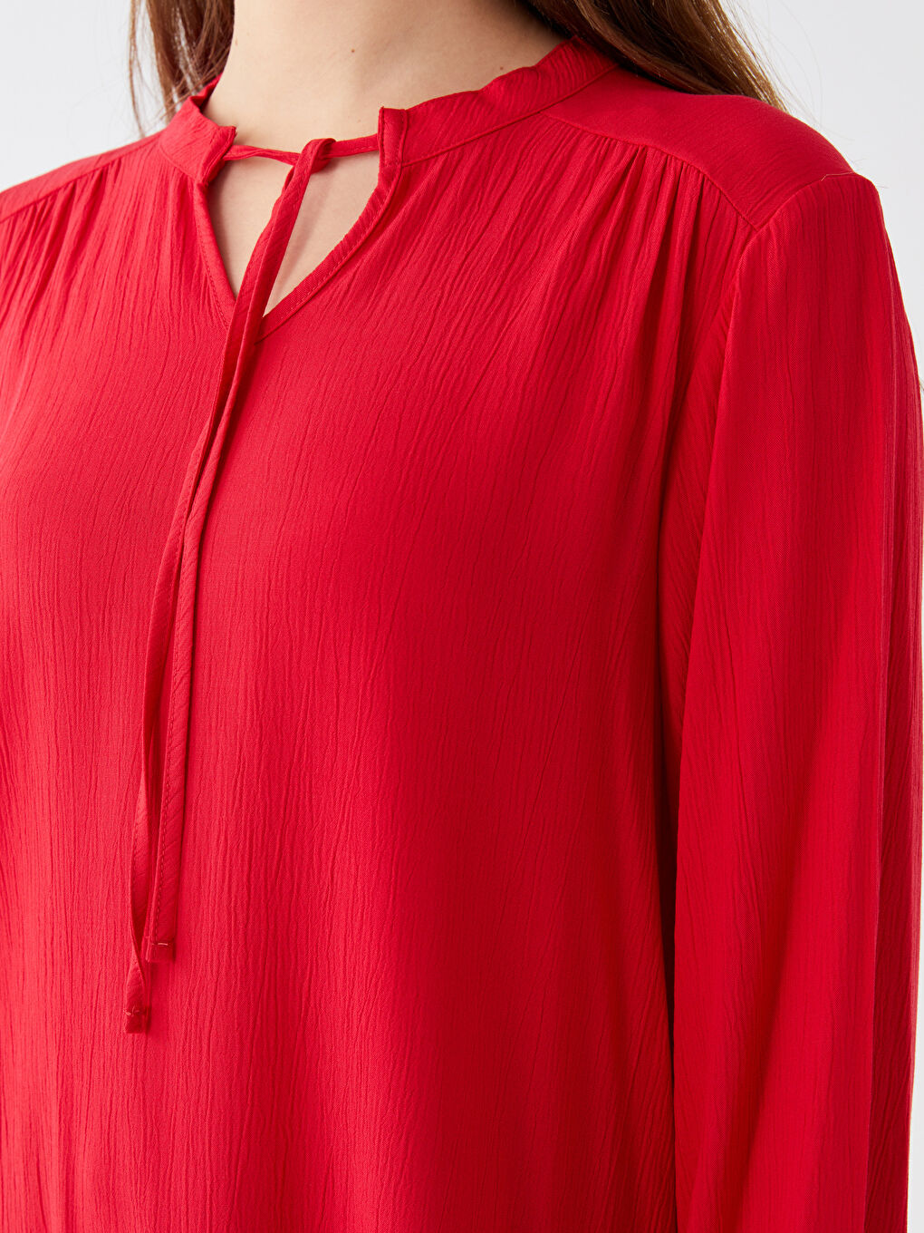Tie Neck Plain Long Sleeve Women's Blouse-3