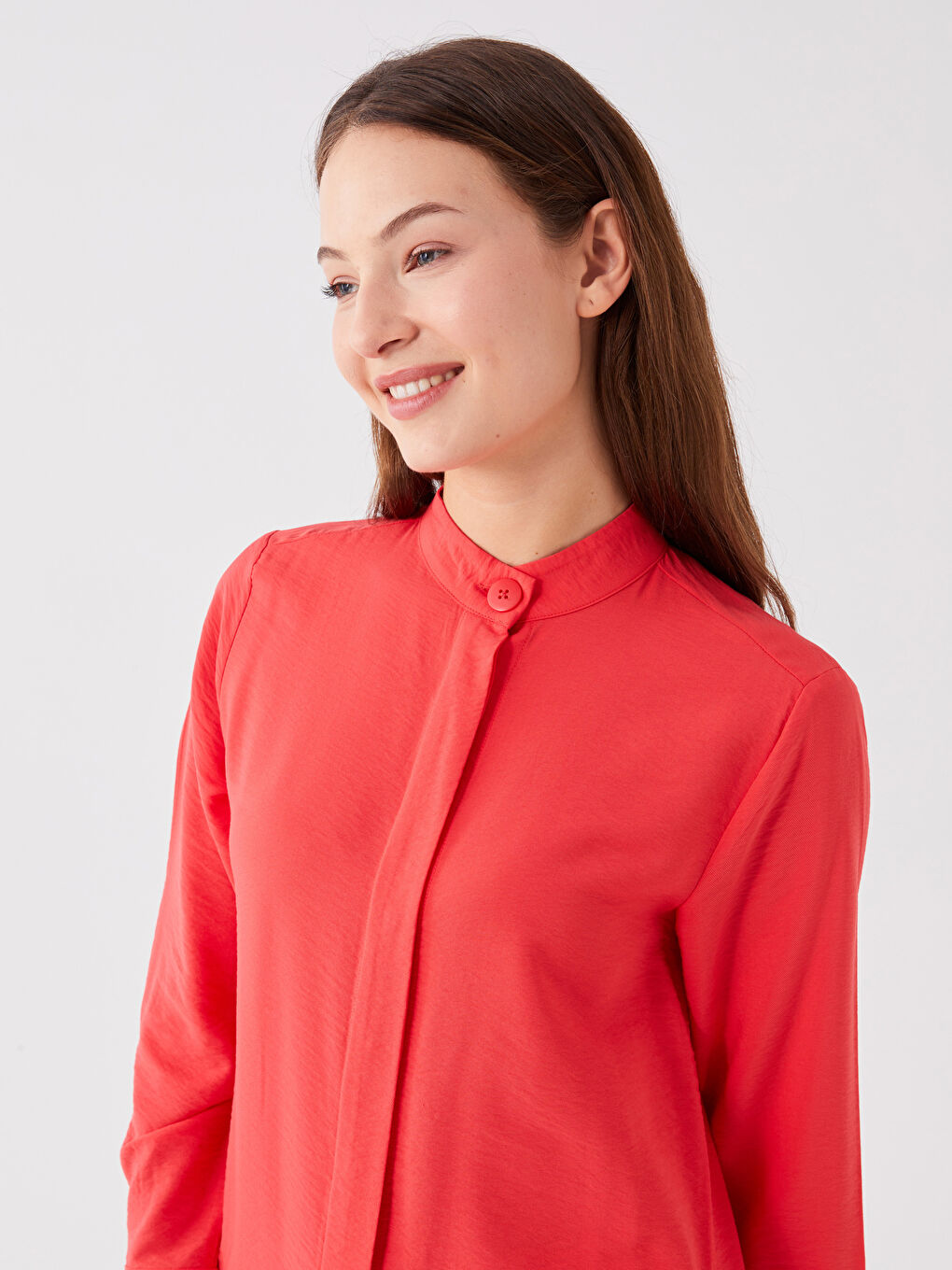 Kırmızı Hakim Yaka Düz Uzun Kollu Kadın Tunik-1