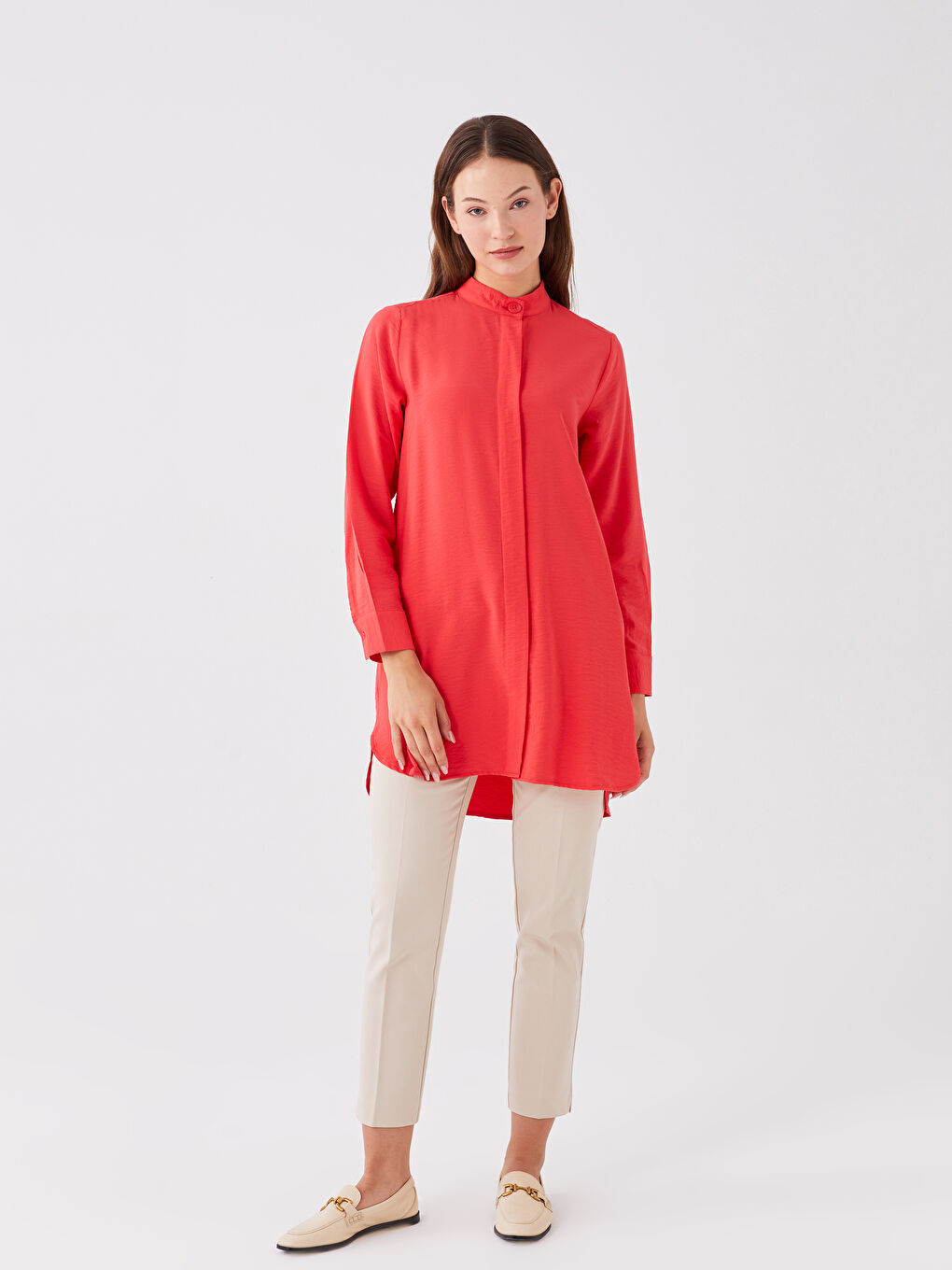 Kırmızı Hakim Yaka Düz Uzun Kollu Kadın Tunik-2