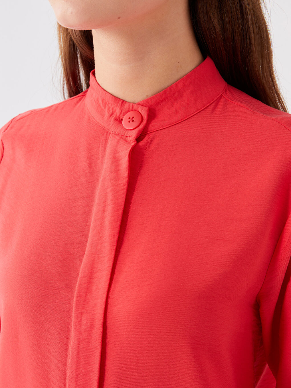 Kırmızı Hakim Yaka Düz Uzun Kollu Kadın Tunik-3