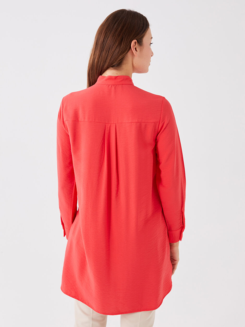 Kırmızı Hakim Yaka Düz Uzun Kollu Kadın Tunik-4
