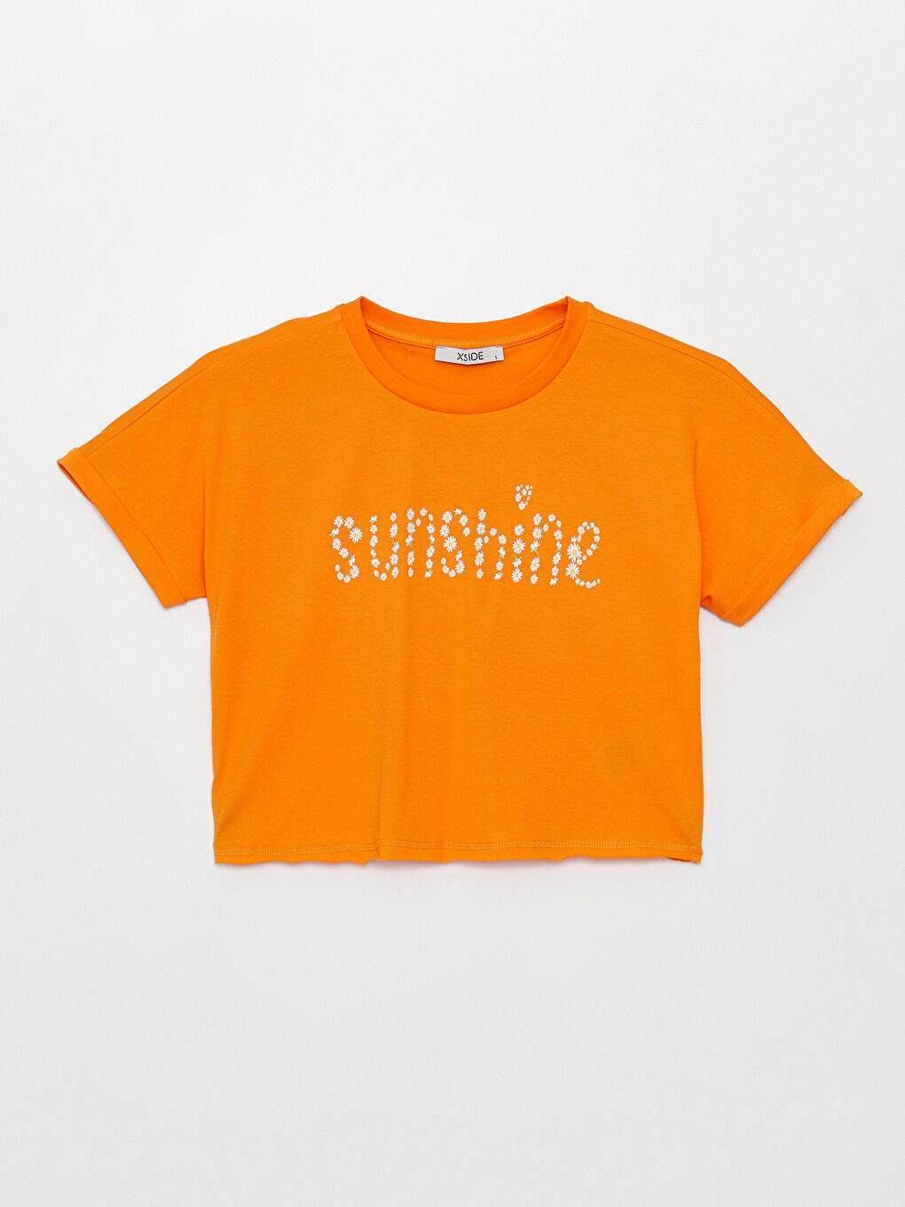 Turuncu Bisiklet Yaka Nakışlı Kısa Kollu Kadın Crop-8