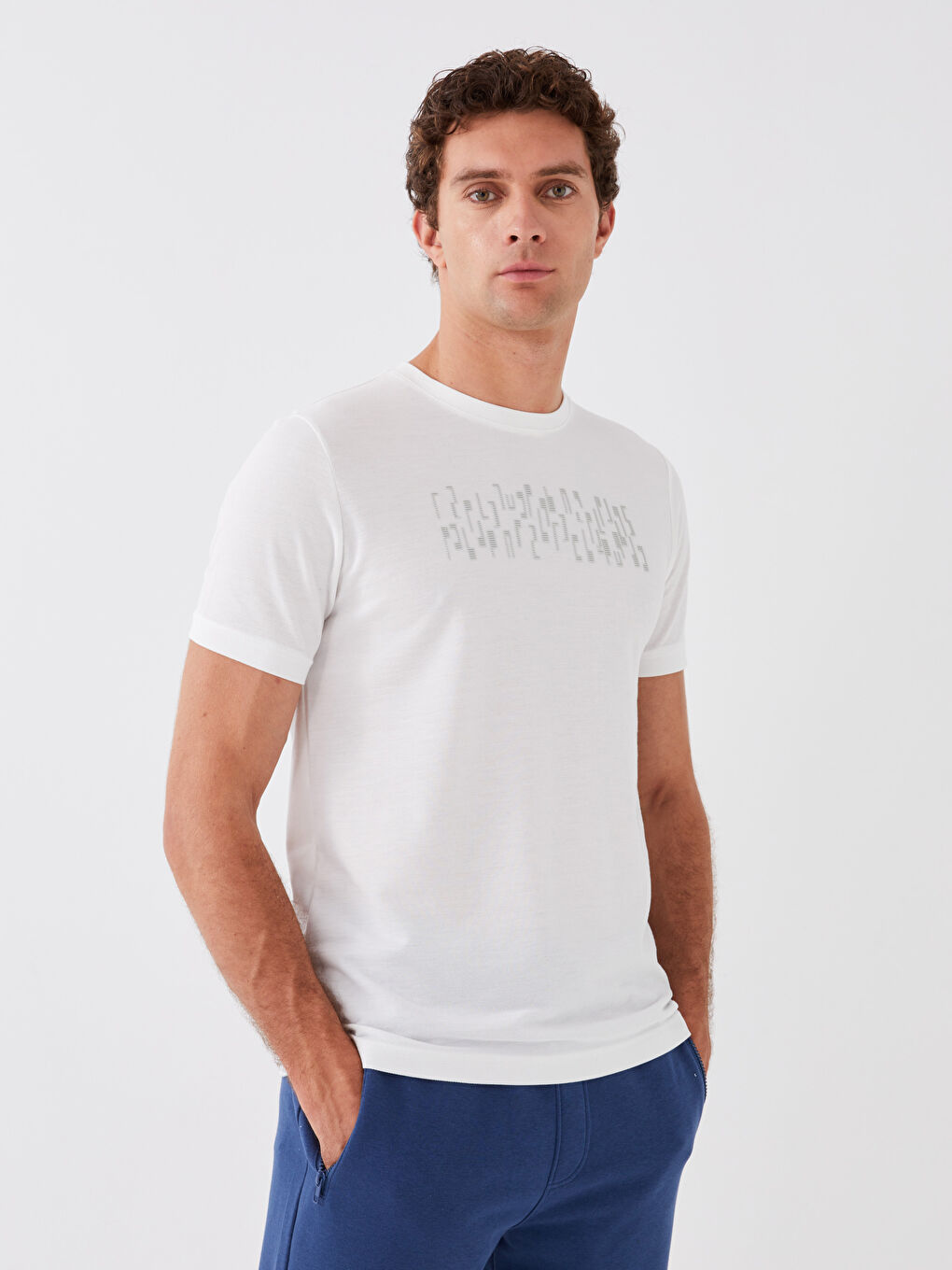 Ekru Bisiklet Yaka Kısa Kollu Baskılı Erkek Tişört