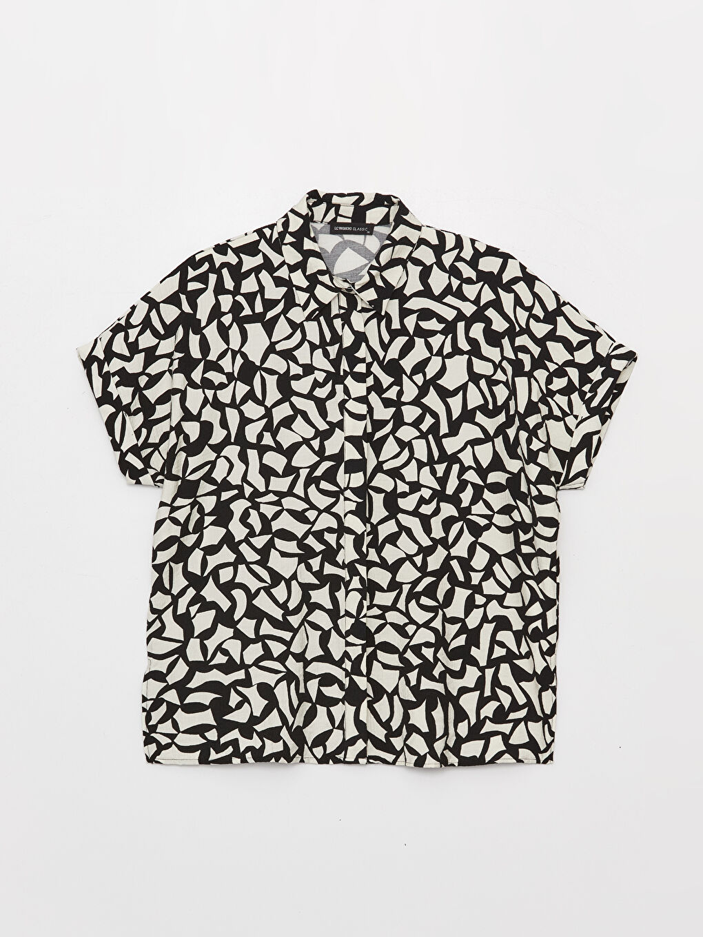 Ekru Desenli Kısa Kollu Oversize Kadın Gömlek-5