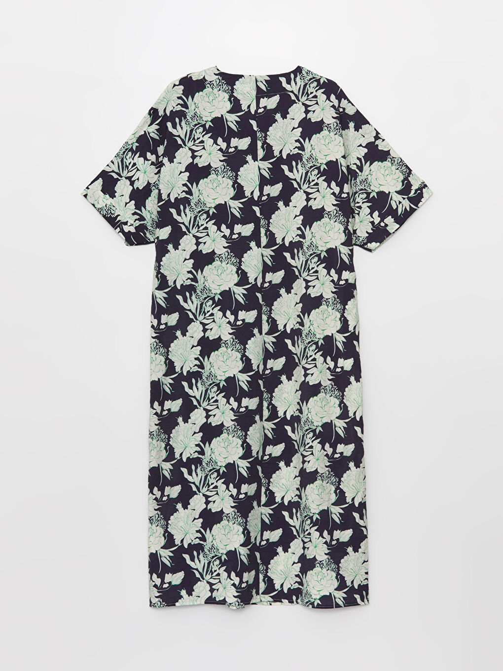 Mavi V Yaka Çiçekli Kısa Kollu Oversize Kadın Elbise-6