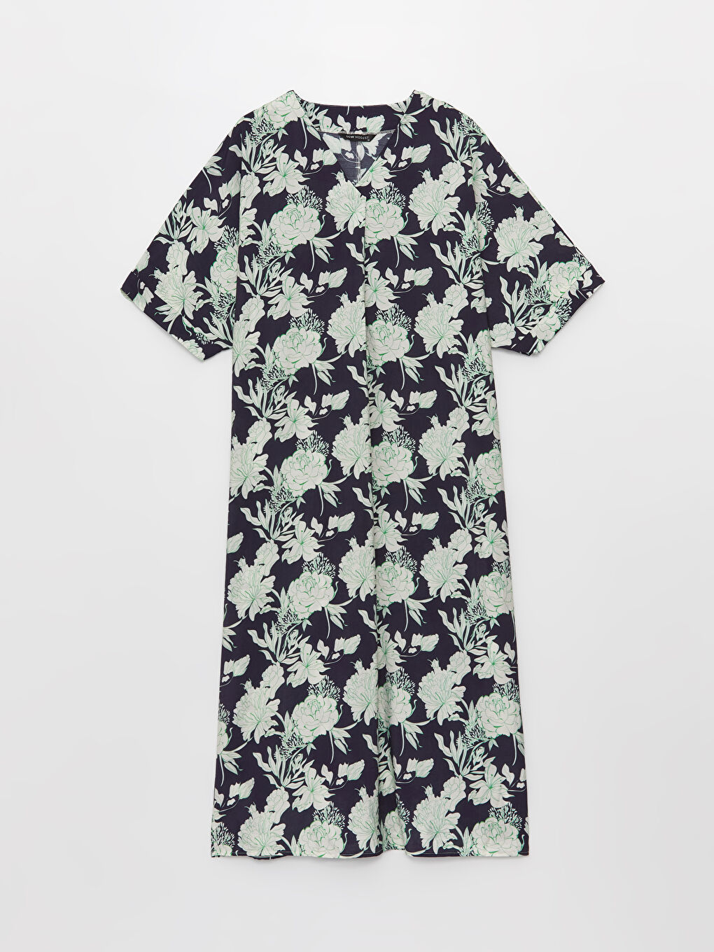 Mavi V Yaka Çiçekli Kısa Kollu Oversize Kadın Elbise-5