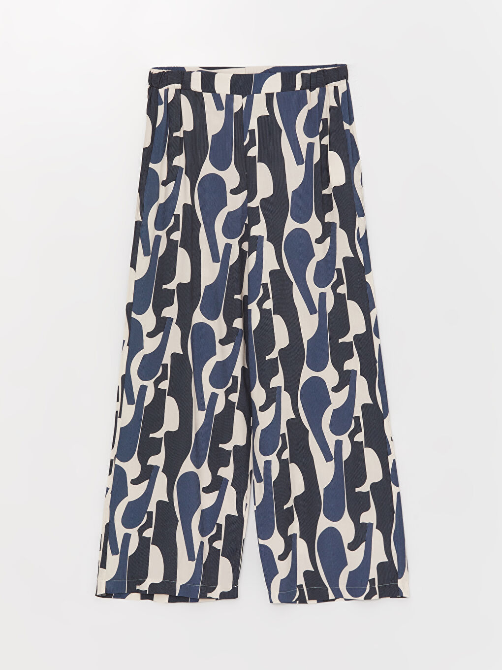 Ekru Beli Lastikli Rahat Kalıp Desenli Kadın Pantolon-5