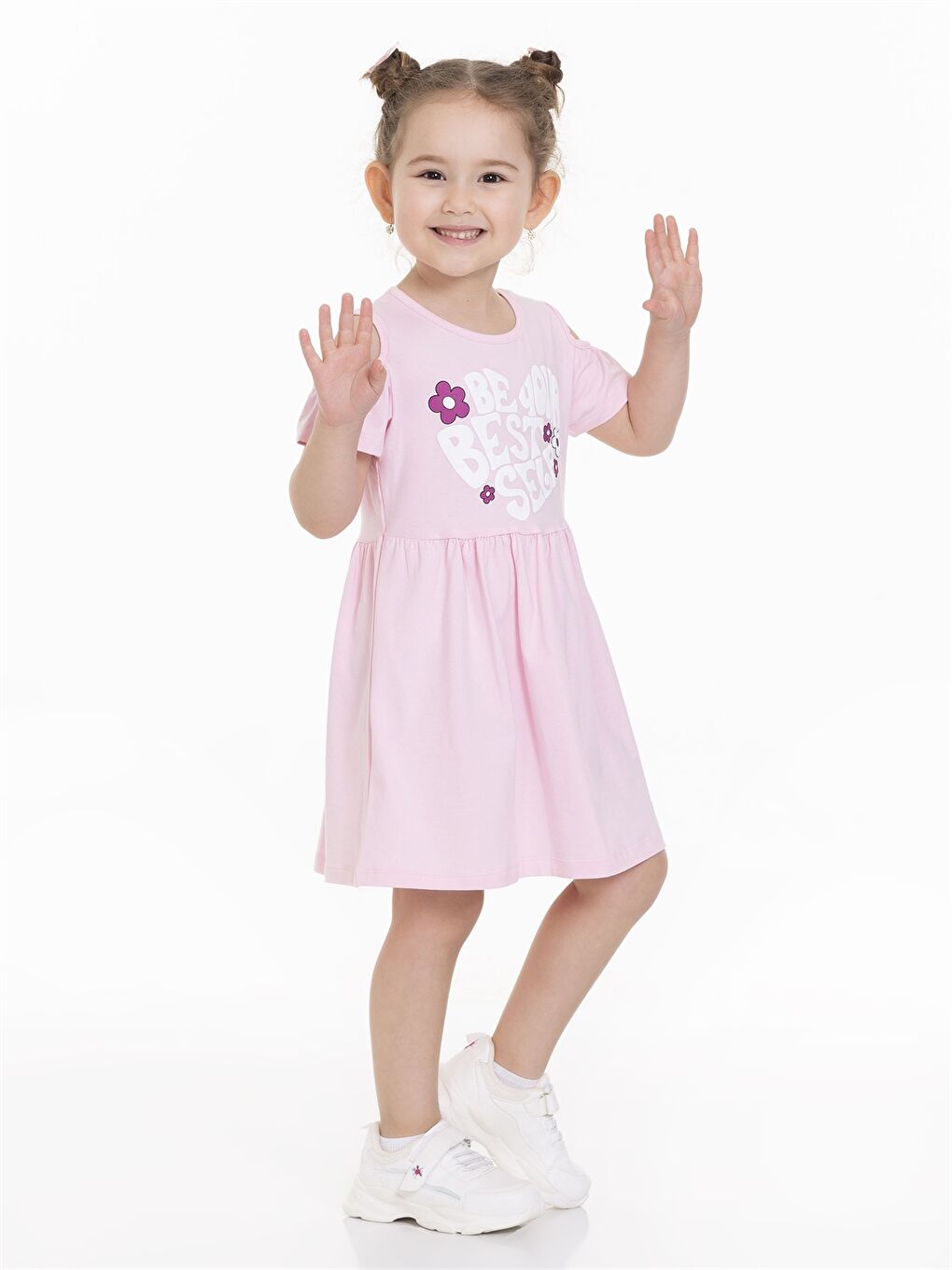 Pembe Bisiklet Yaka Kısa Kollu Kız Bebek Elbise-1