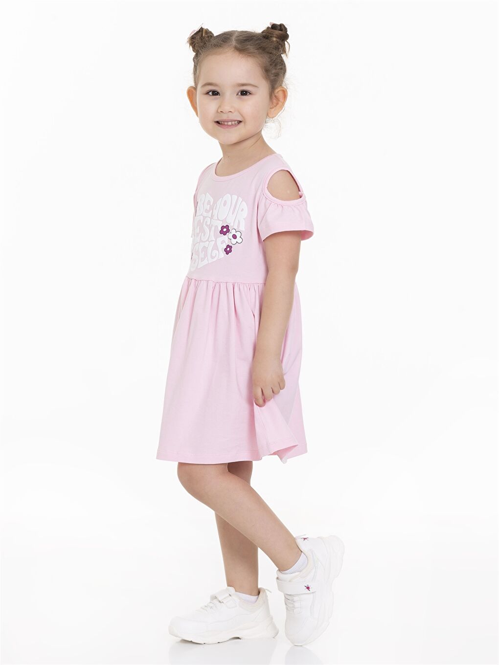 Pembe Bisiklet Yaka Kısa Kollu Kız Bebek Elbise-2