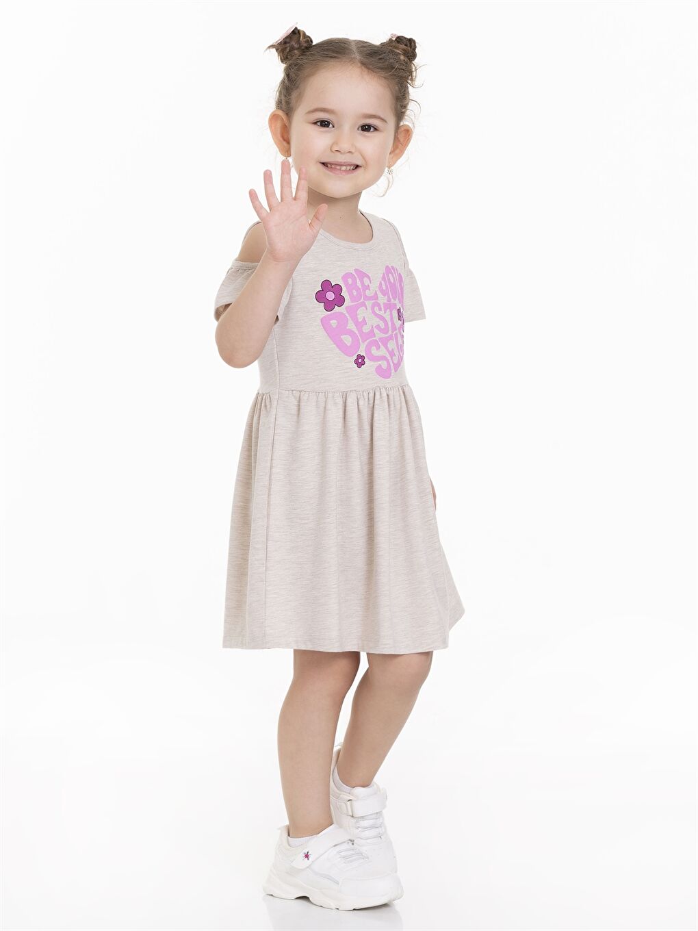 Kahverengi Bisiklet Yaka Kısa Kollu Kız Bebek Elbise-1