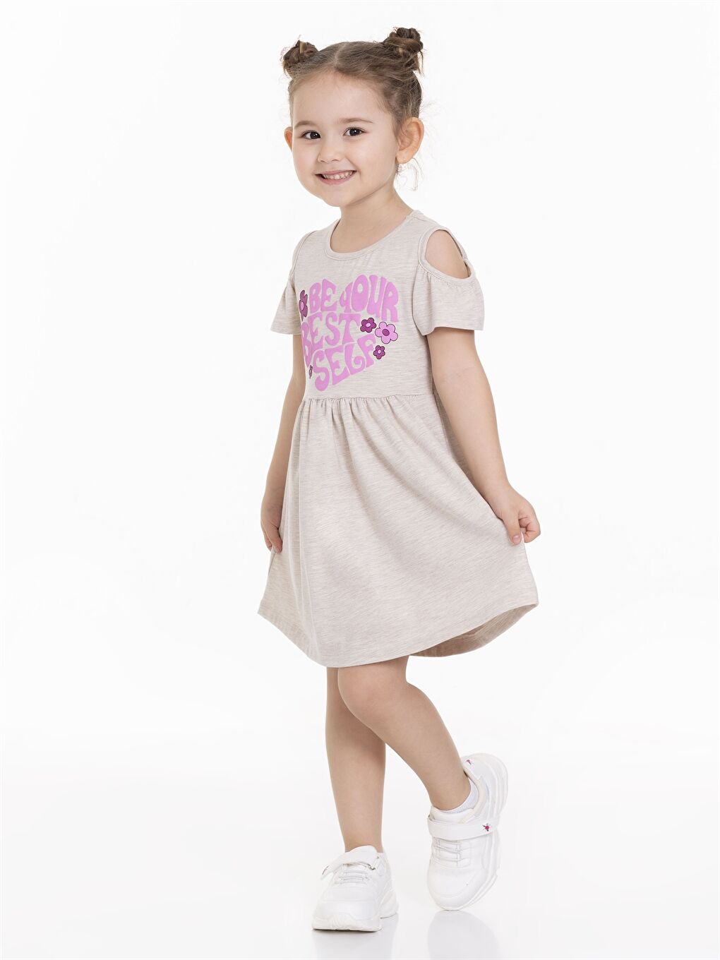 Kahverengi Bisiklet Yaka Kısa Kollu Kız Bebek Elbise-2