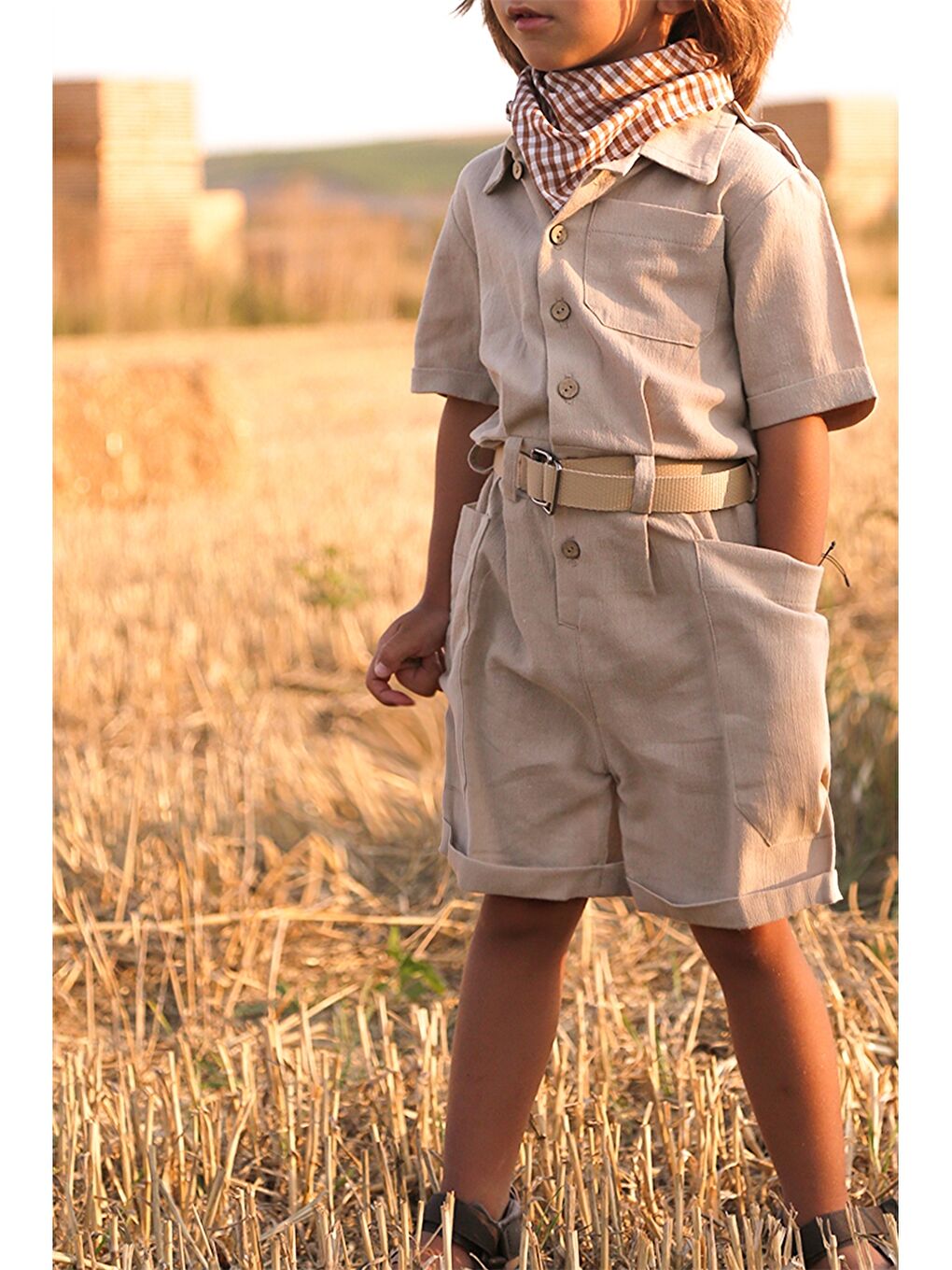 Ekru Kısa Kollu Unisex Bebek Tulum