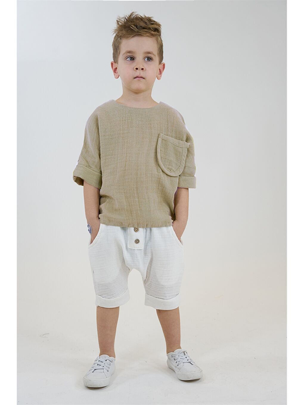 Bej Erkek Bebek Gömlek ve Şort 2'li Takım