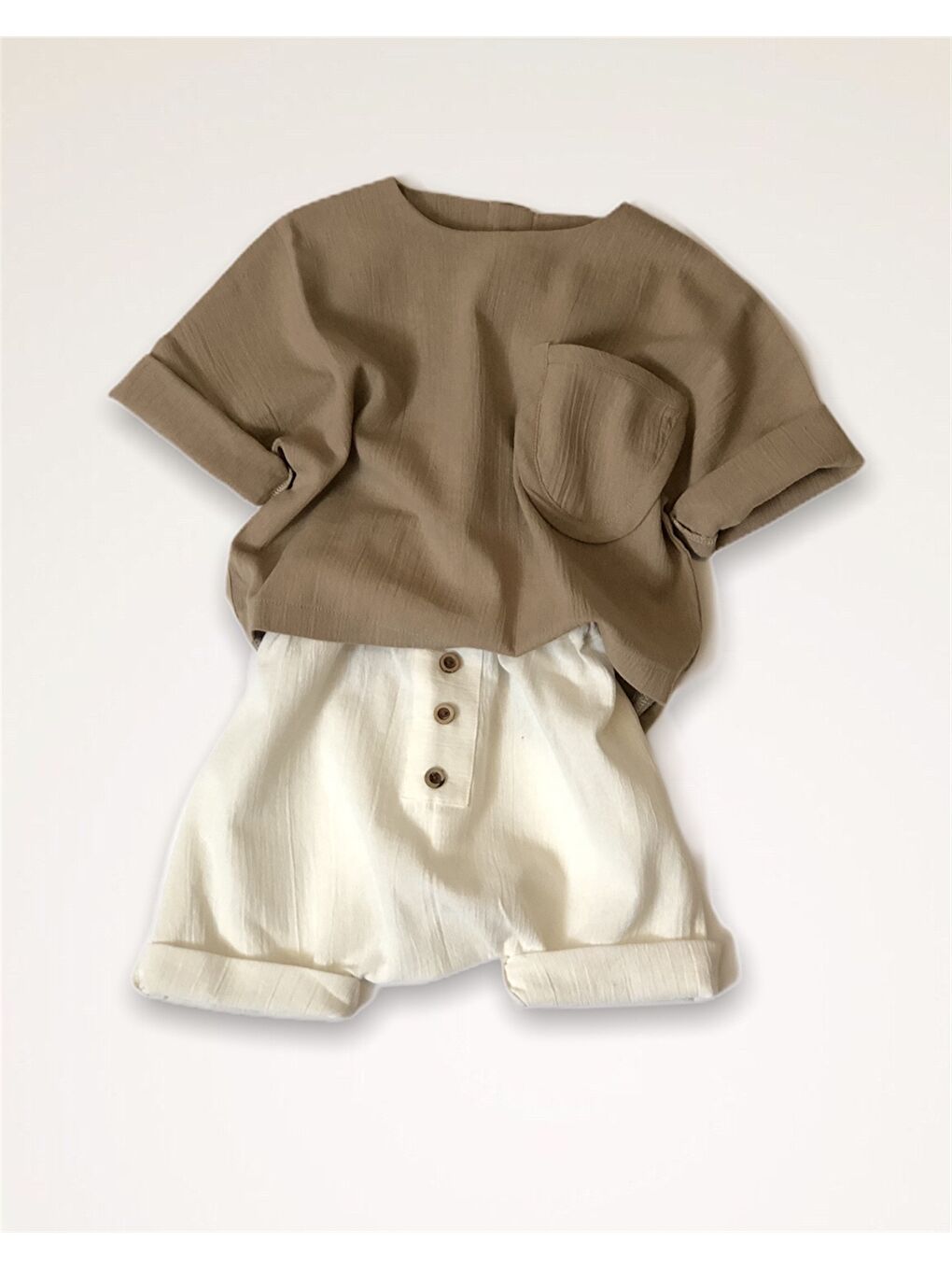 Bej Erkek Bebek Gömlek ve Şort 2'li Takım-3