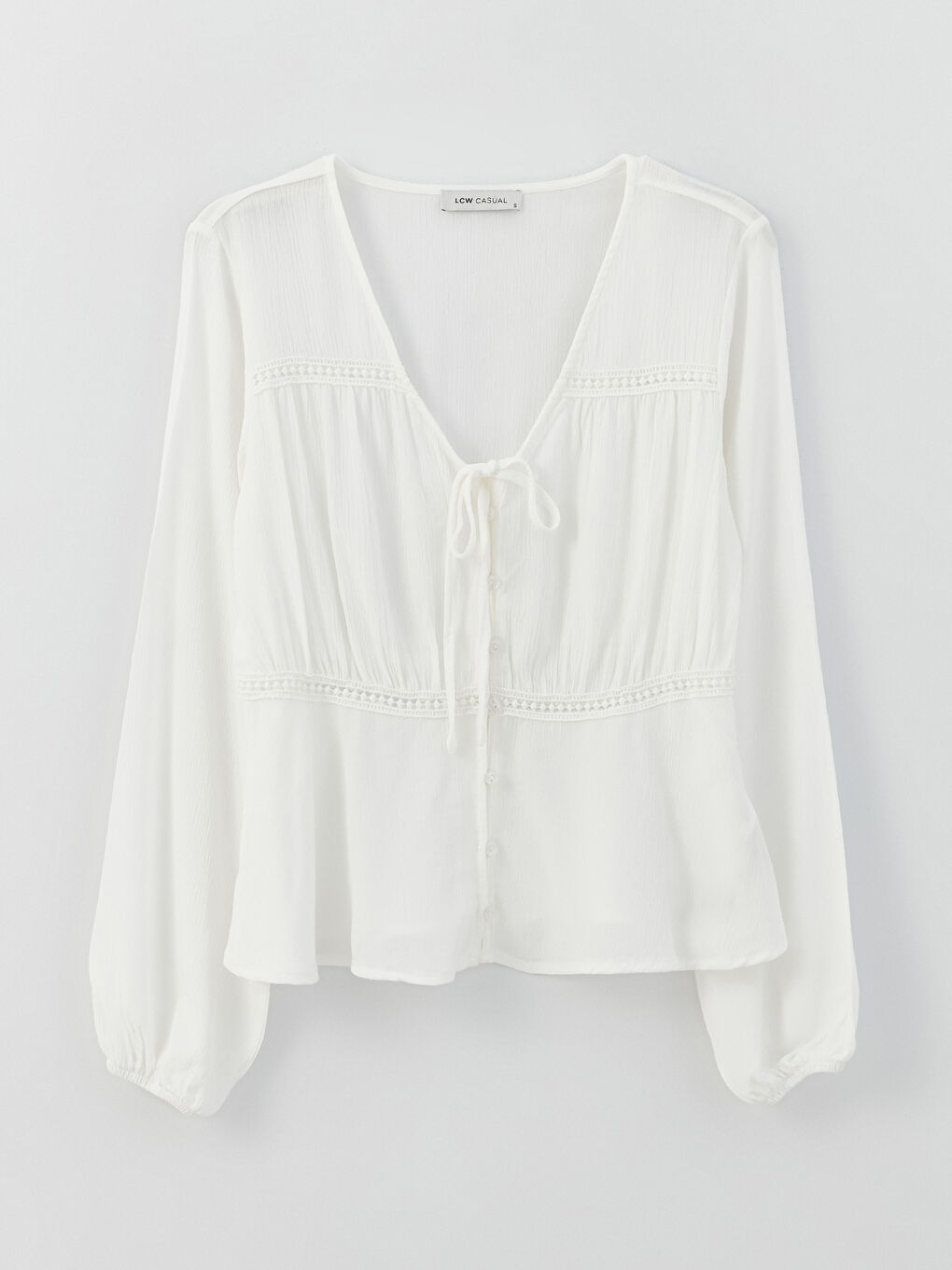 Ekru V Yaka Nakışlı Uzun Kollu Keten Görünümlü Kadın Bluz-5