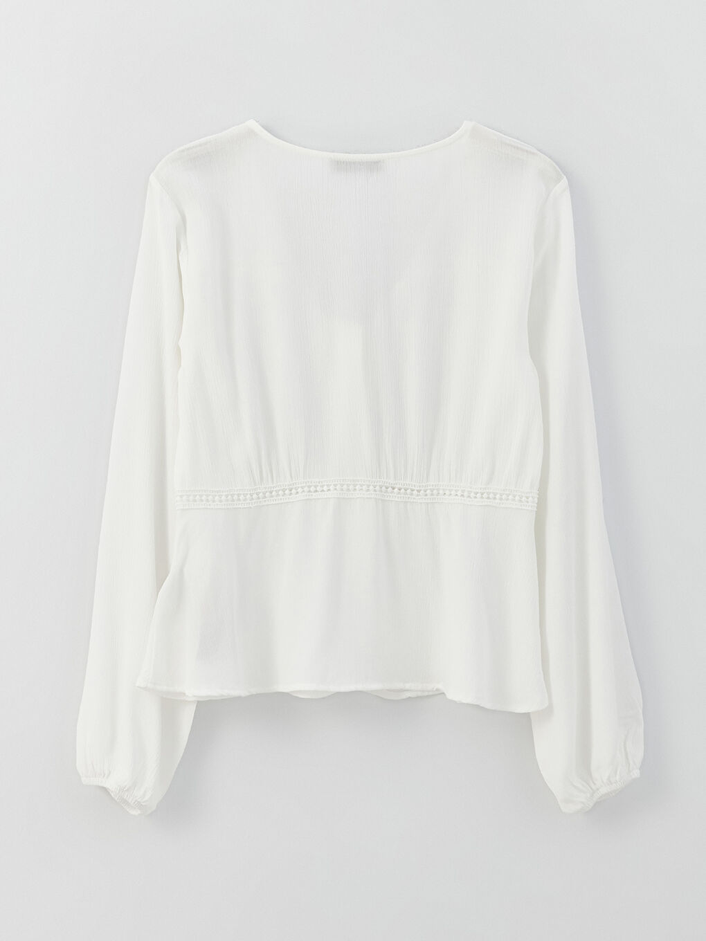 Ekru V Yaka Nakışlı Uzun Kollu Keten Görünümlü Kadın Bluz-6