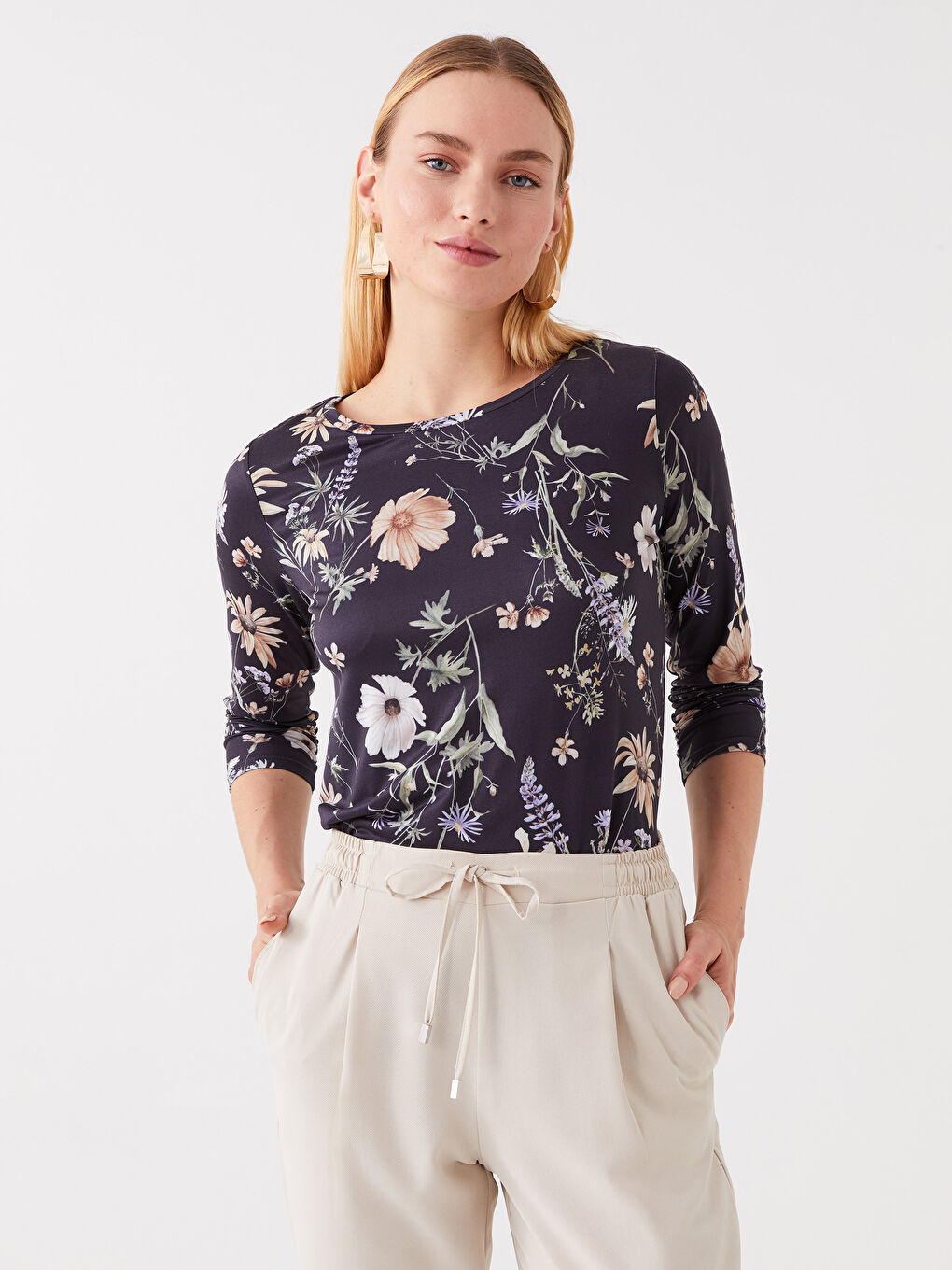 Crew Neck Floral Long Sleeve Women's Blouse