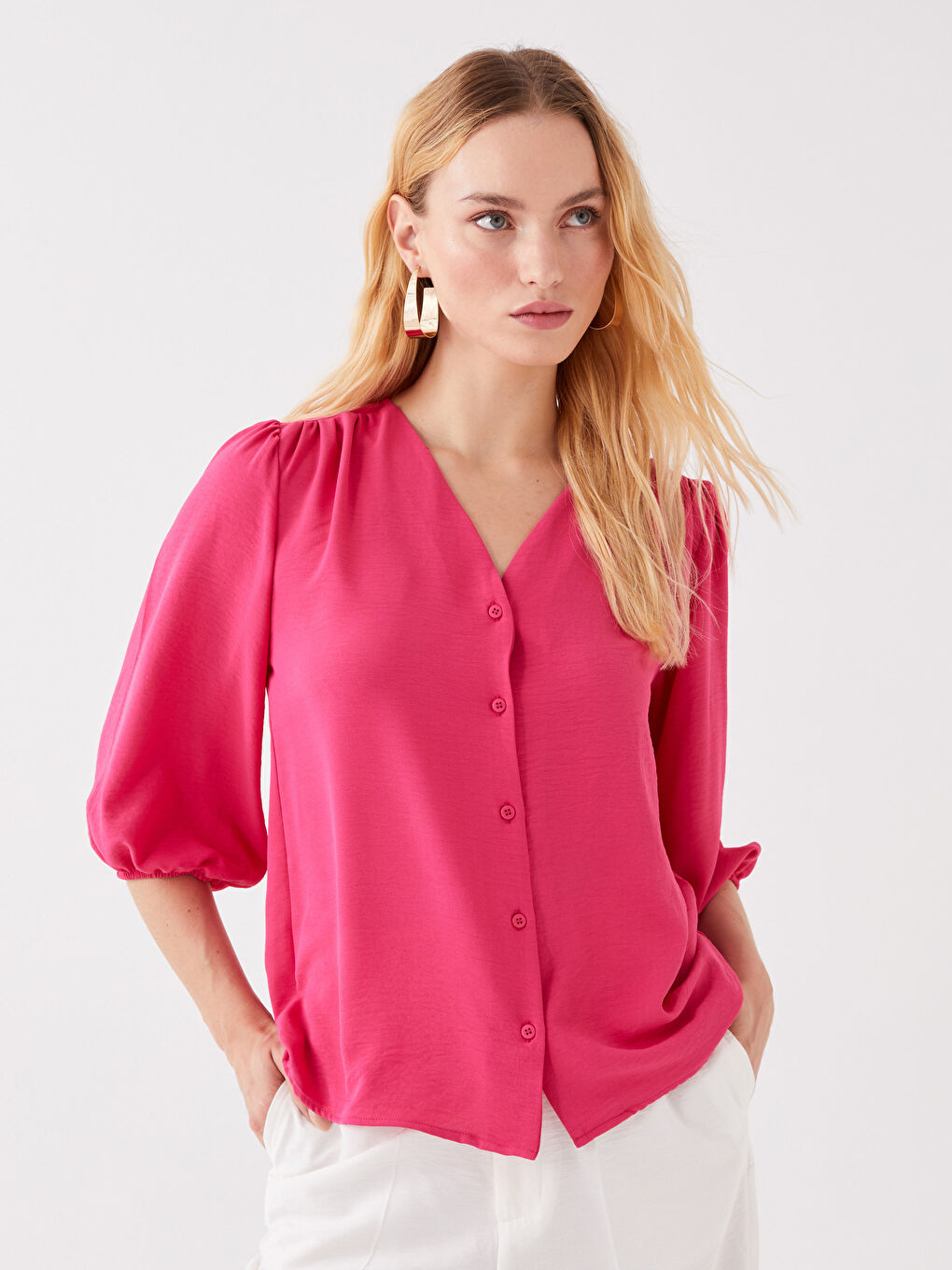 Fuşya Kadın V Yaka Düz Bluz