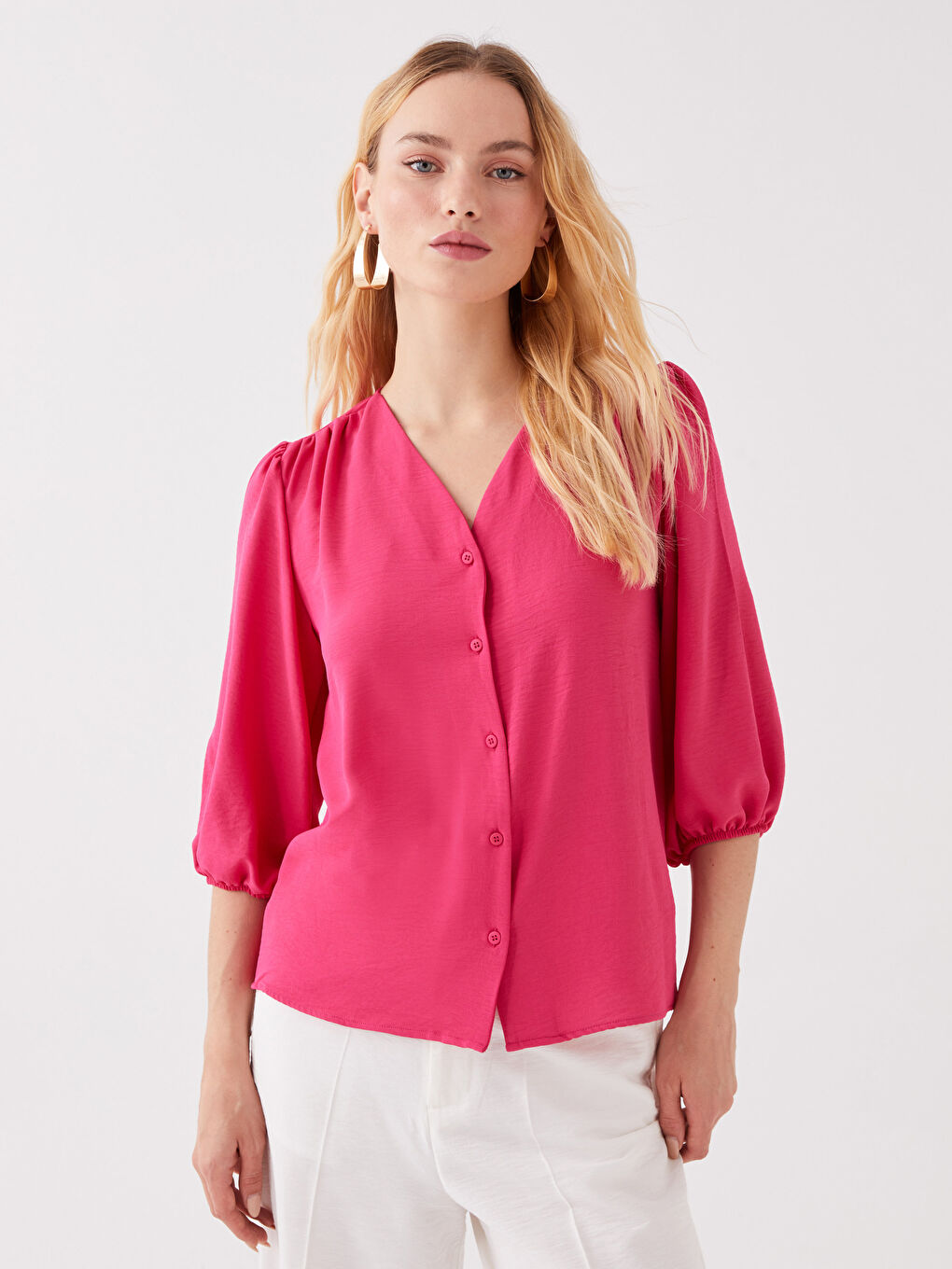 Fuşya Kadın V Yaka Düz Bluz-1