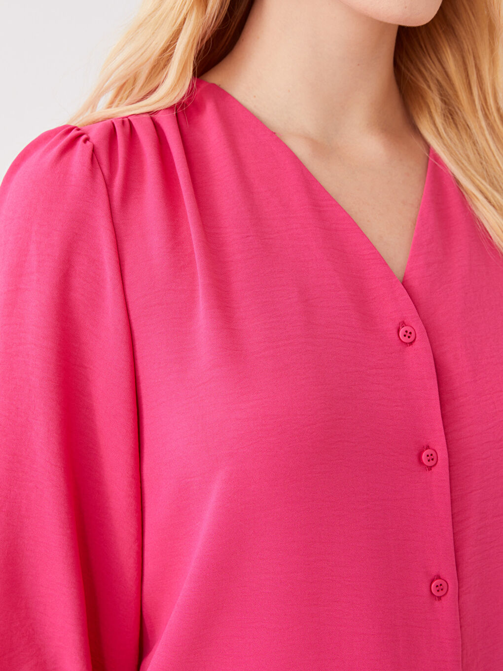 Fuşya Kadın V Yaka Düz Bluz-3
